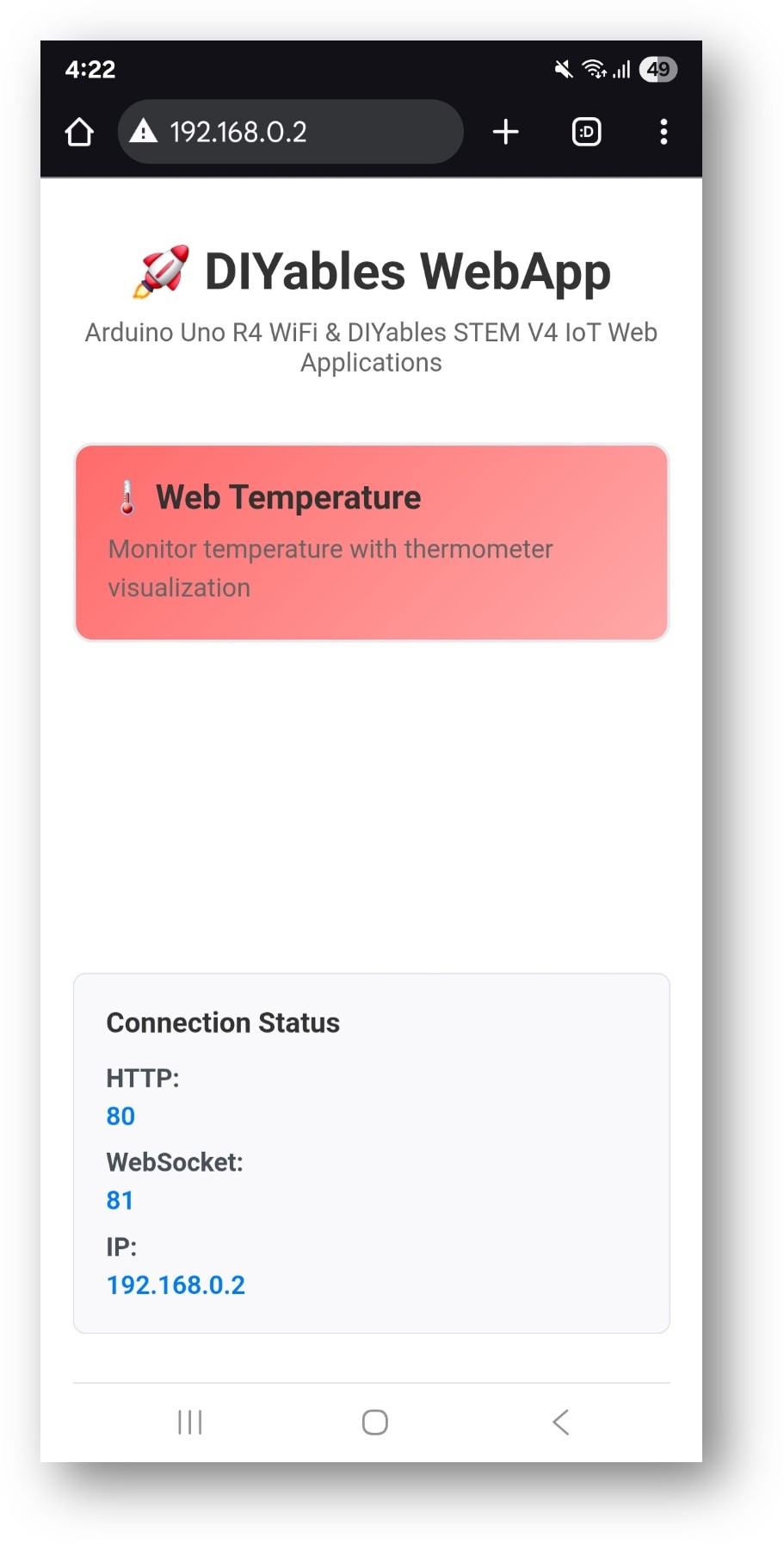 web temperature 앱이 포함된 아두이노 우노 R4 diyables 웹앱 홈 페이지