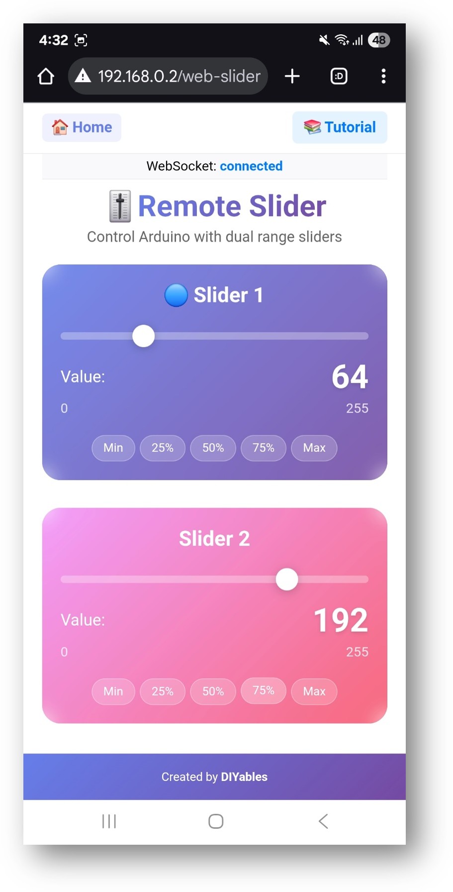 아두이노 우노 R4 diyables 웹앱 웹 슬라이더 앱