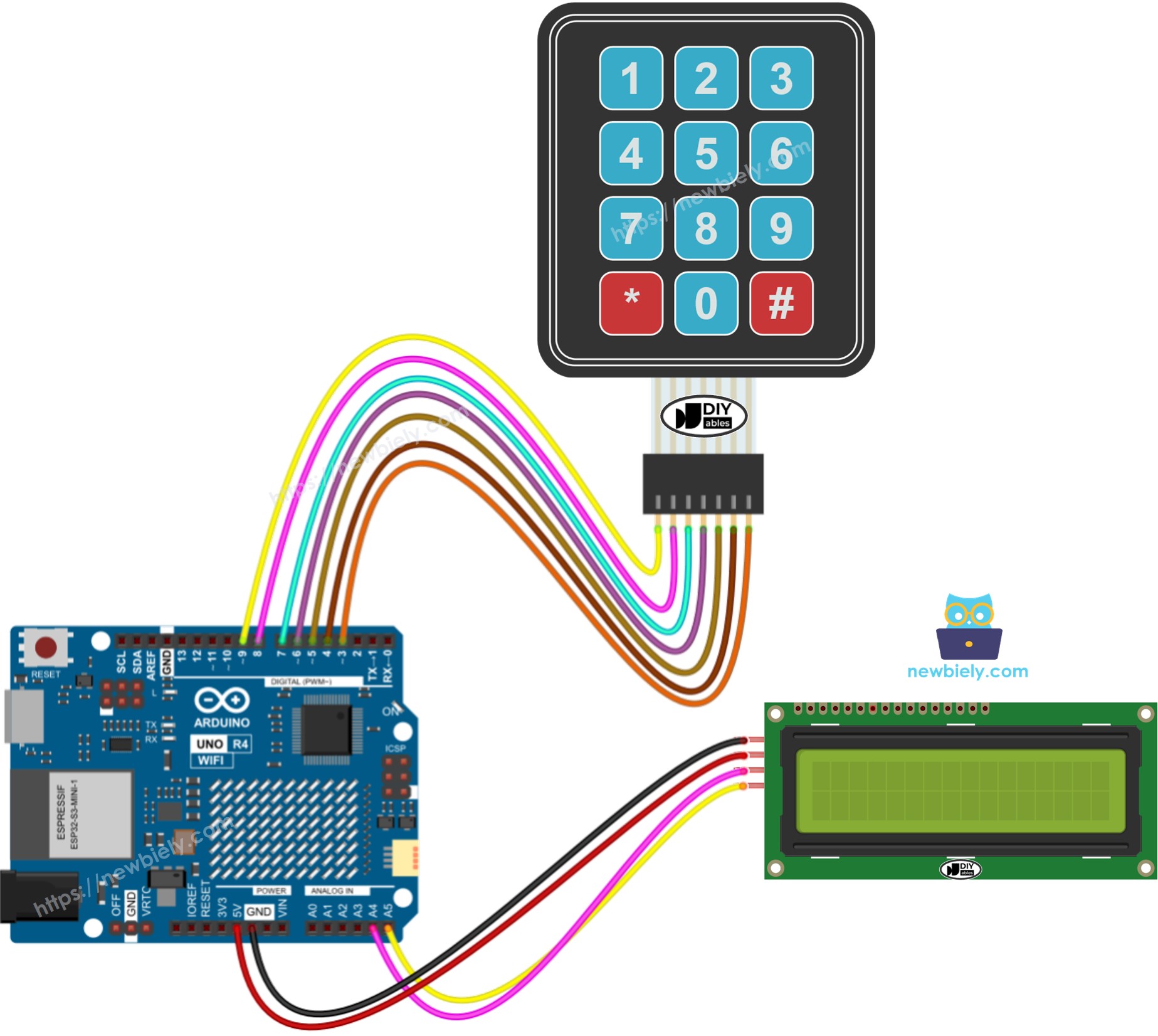 Arduino UNO R4 키패드 LCD 배선도