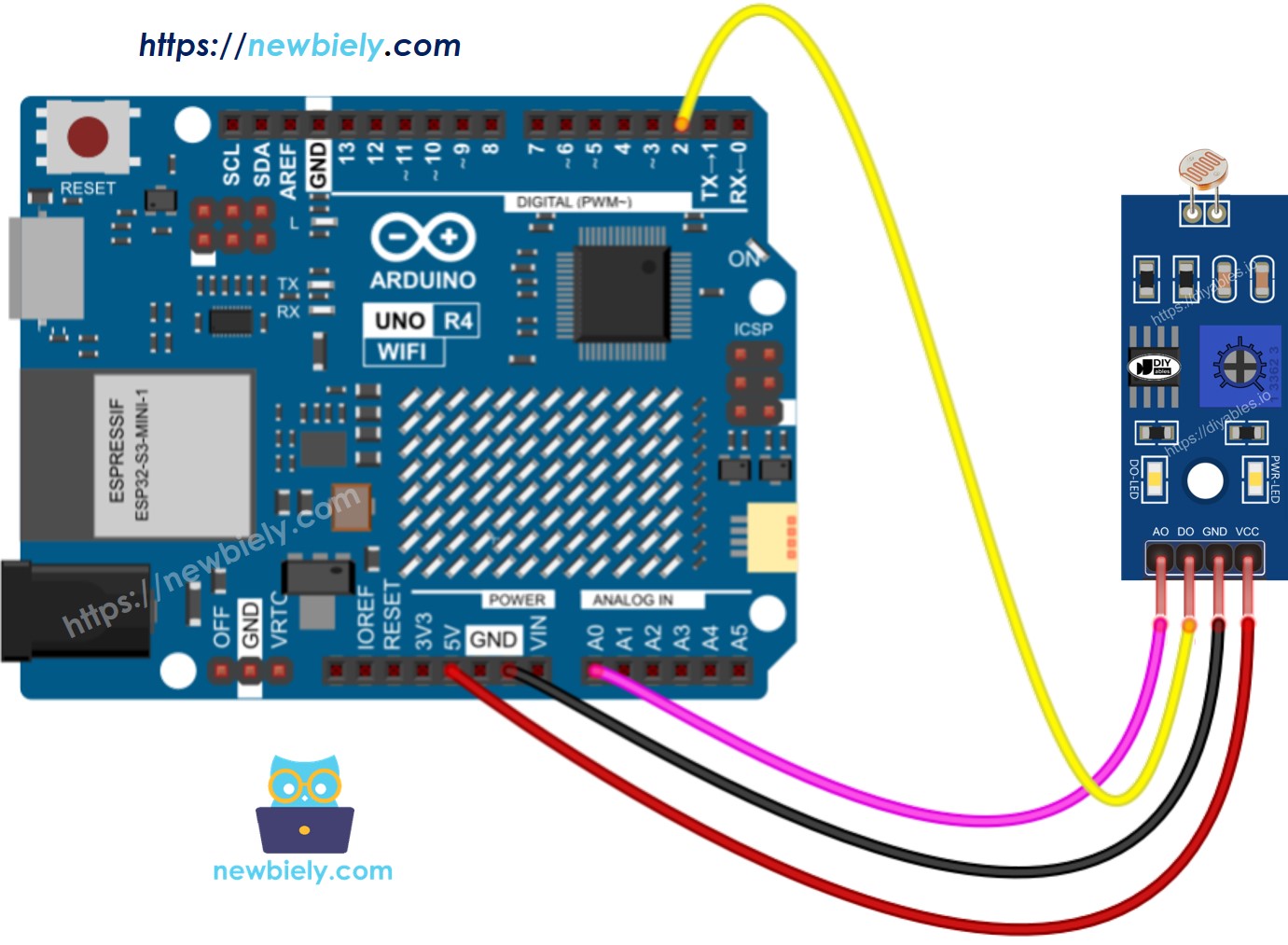 Arduino UNO R4 LDR 조도 센서 모듈 배선 다이어그램