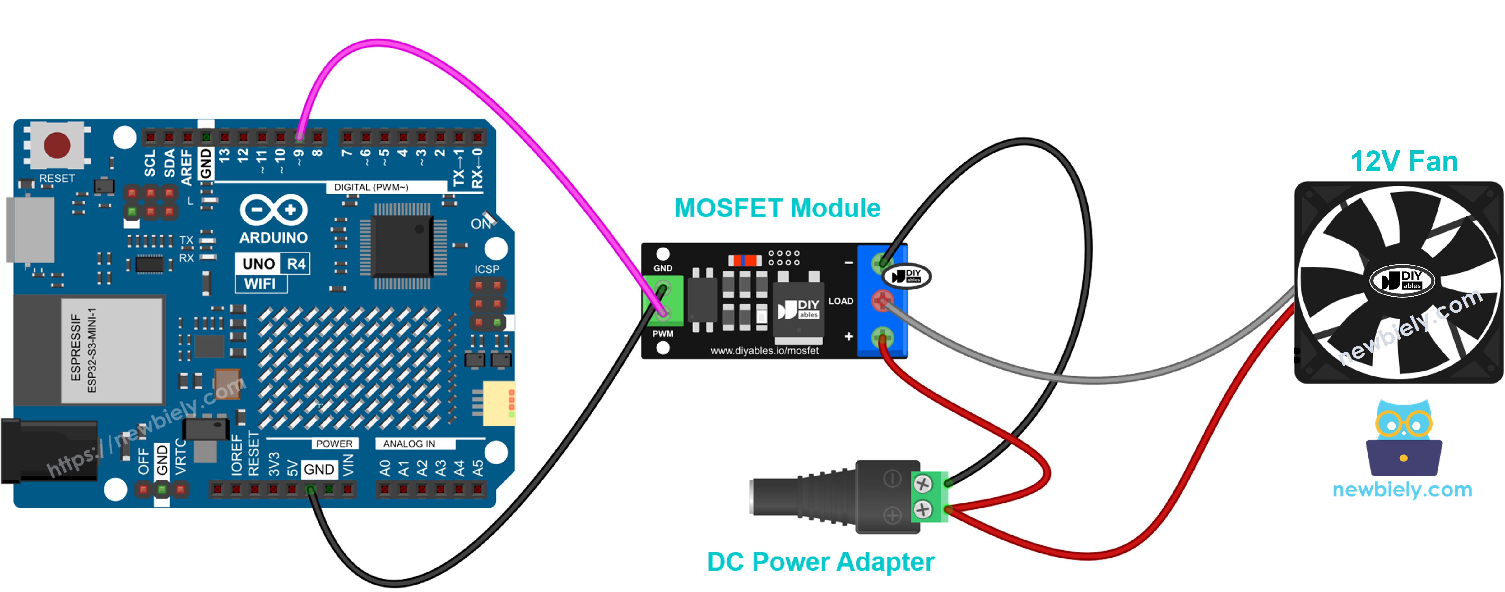 12v 쿨링 팬을 사용한 아두이노 우노 R4 mosfet 모듈 배선