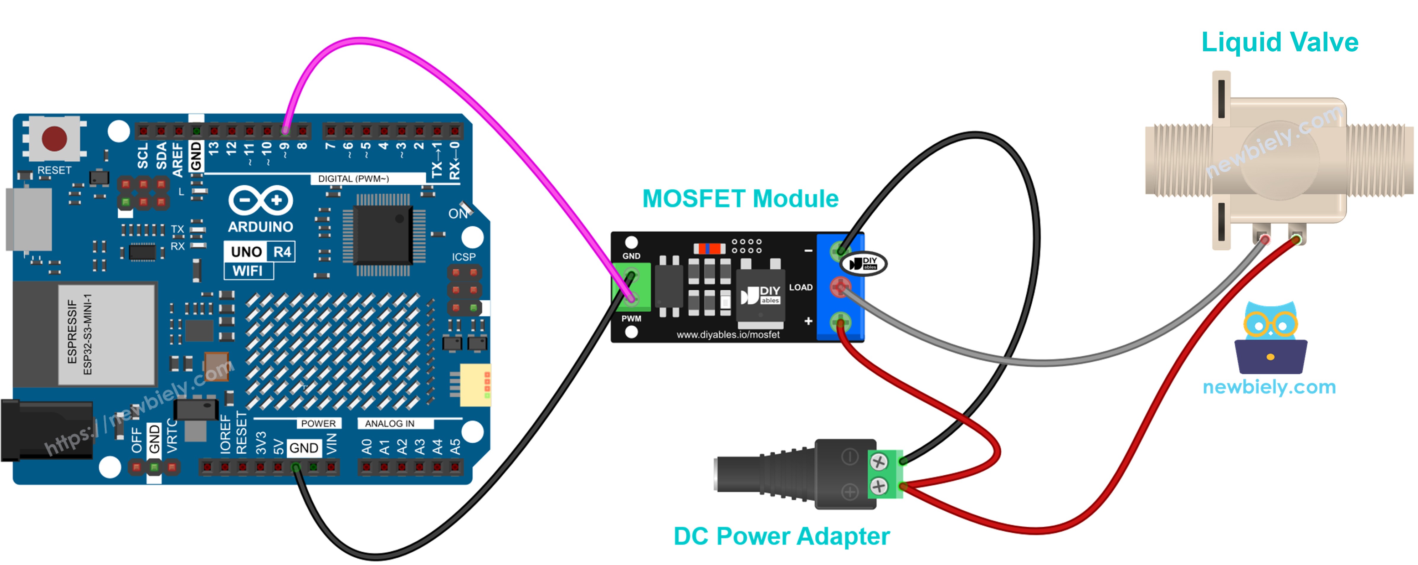 mosfet 모듈에 연결한 상시 닫힘 12v 솔레노이드 밸브