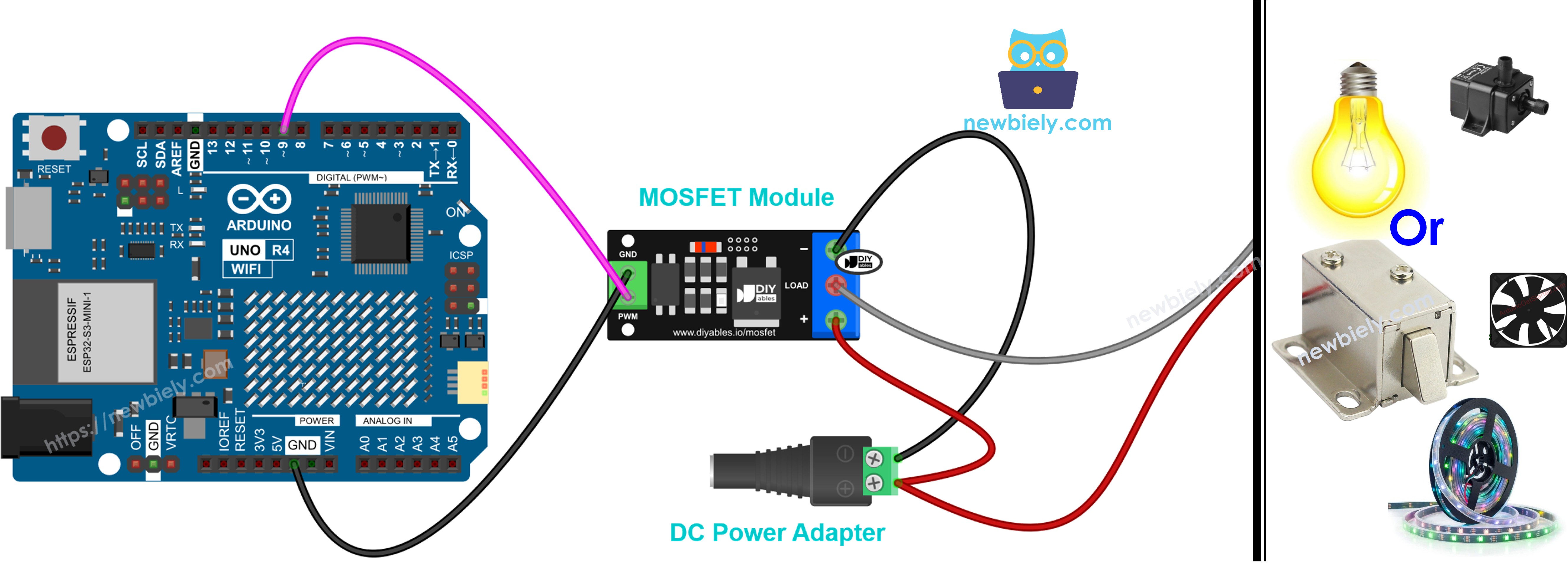 aod4184, lr7843 또는 fr120n mosfet 모듈을 사용한 아두이노 우노 R4 배선도