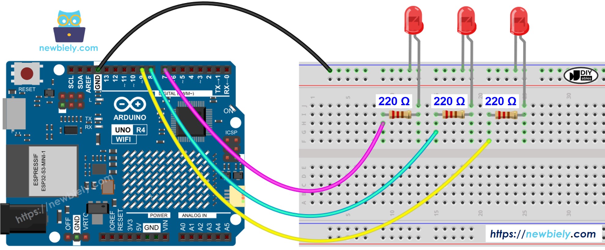 Arduino UNO R4 다중 LED 배선도