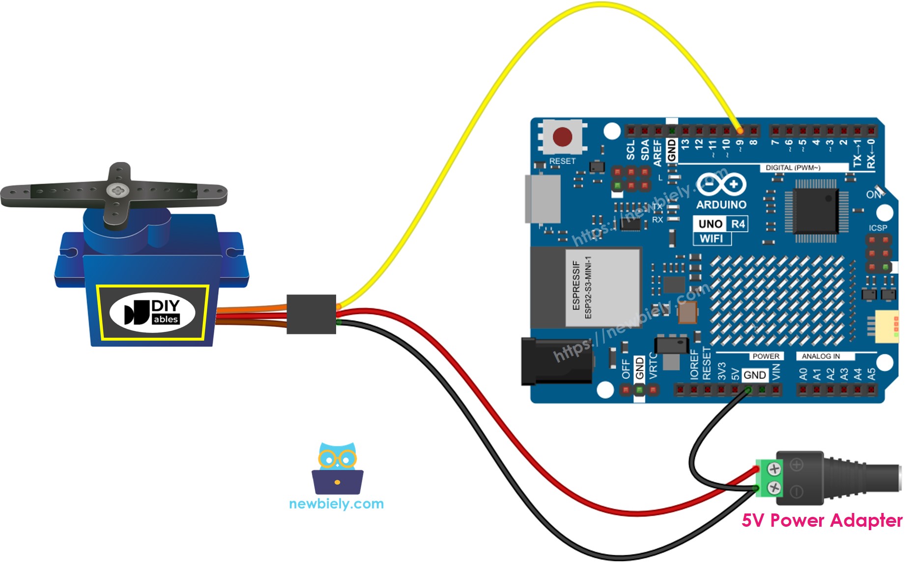 Arduino UNO R4 서보 모터 외부 전원 공급 배선도