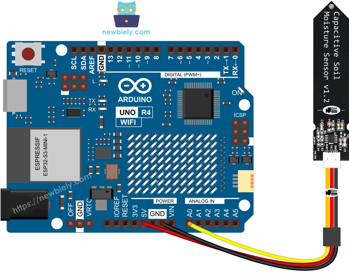 Arduino UNO R4 토양 수분 센서 배선도