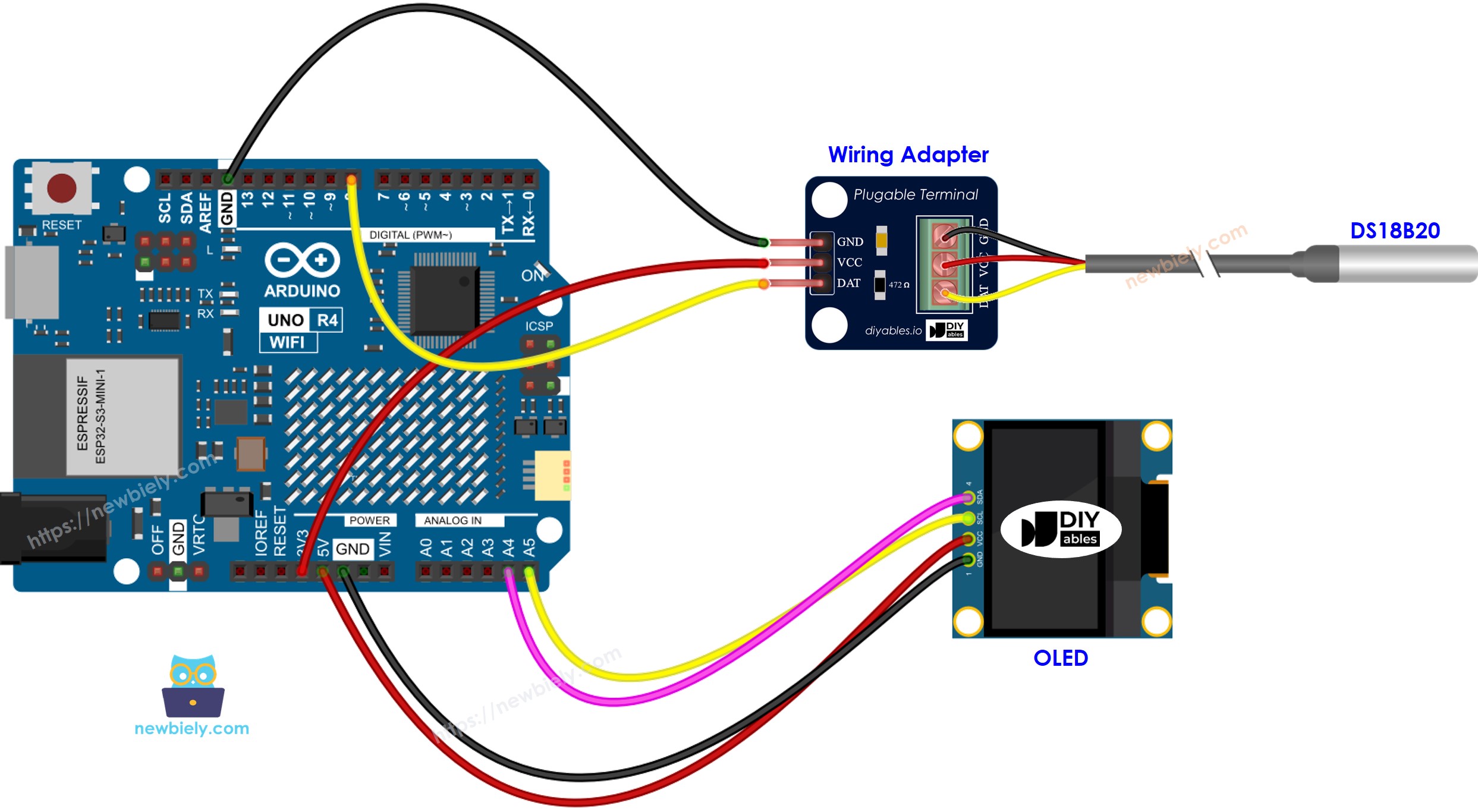 Arduino UNO R4 DS18B20 온도 센서 OLED 배선도