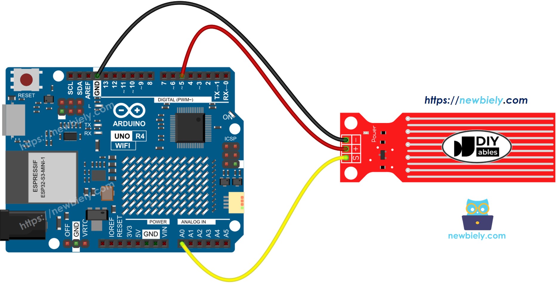 Arduino UNO R4 물 센서 배선도