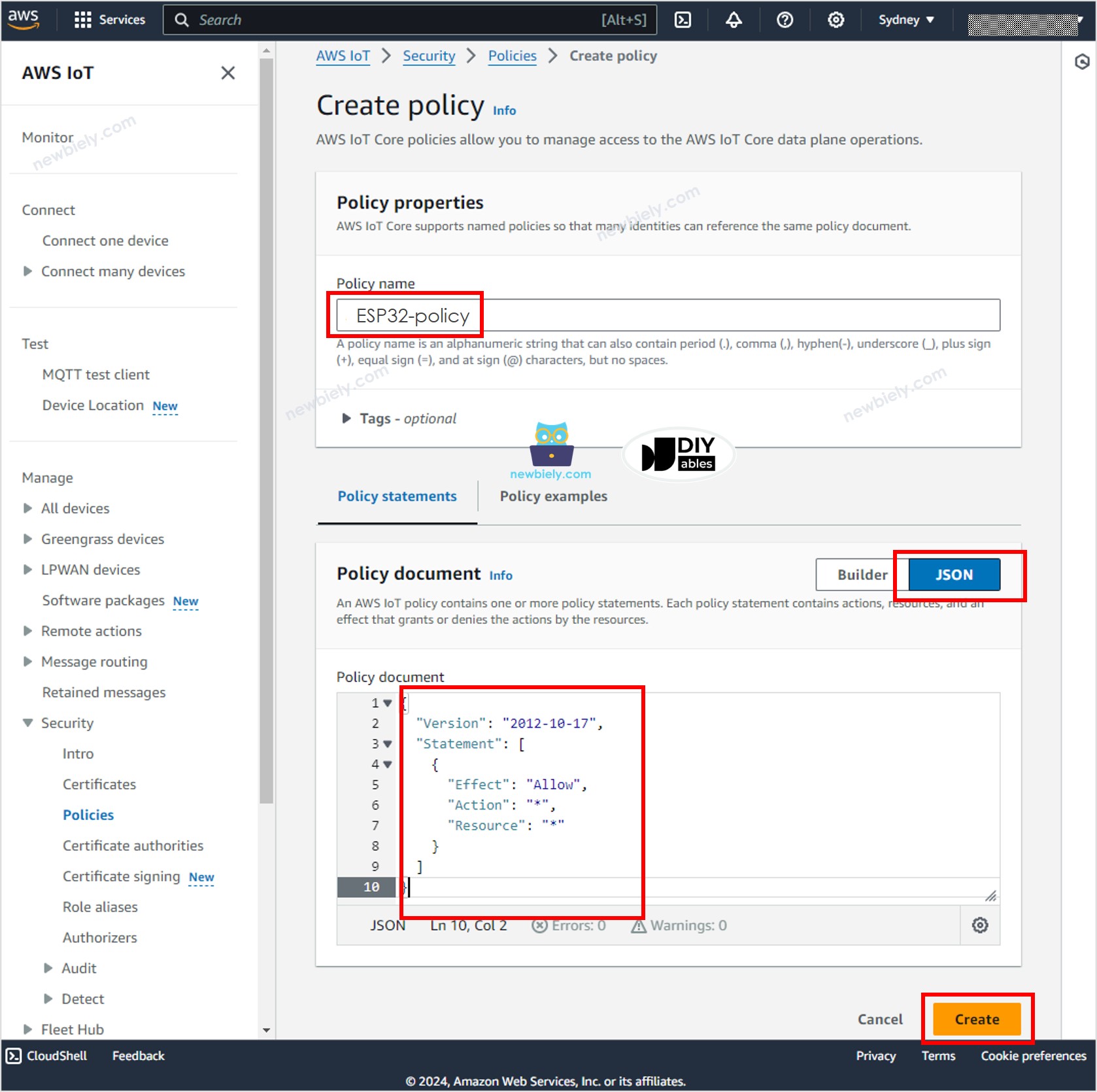 AWS IoT Core Create policy ESP32