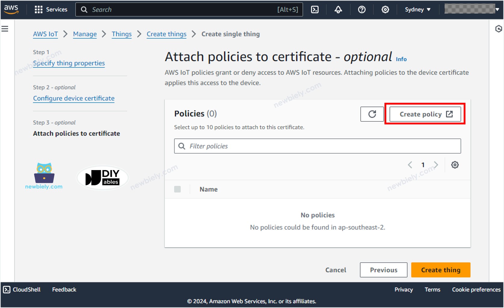 AWS IoT Core Create policy