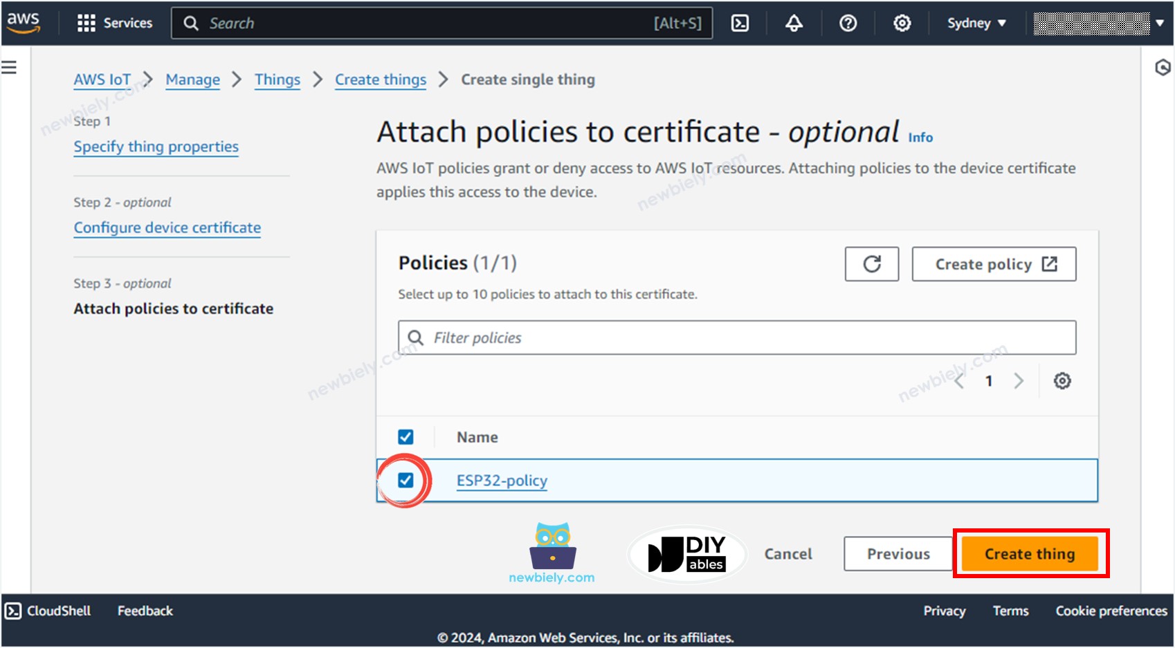 AWS IoT Core creates Thing ESP32