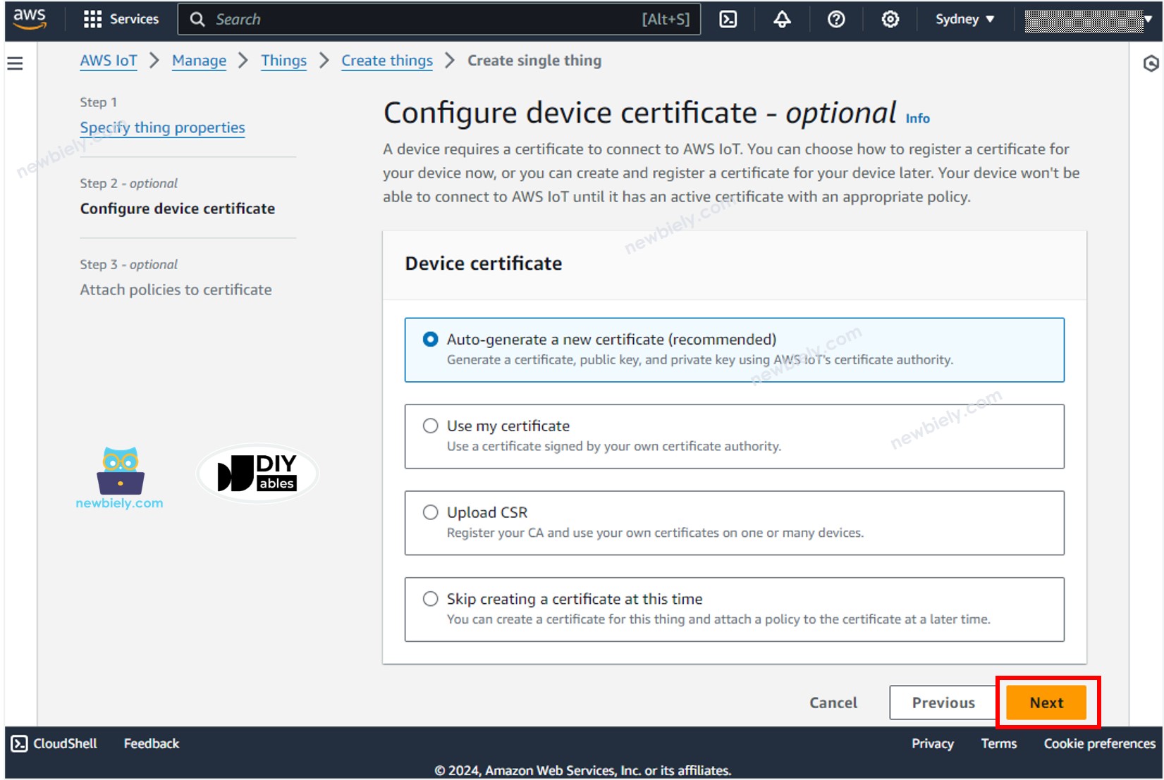 AWS IoT Core generates certificate