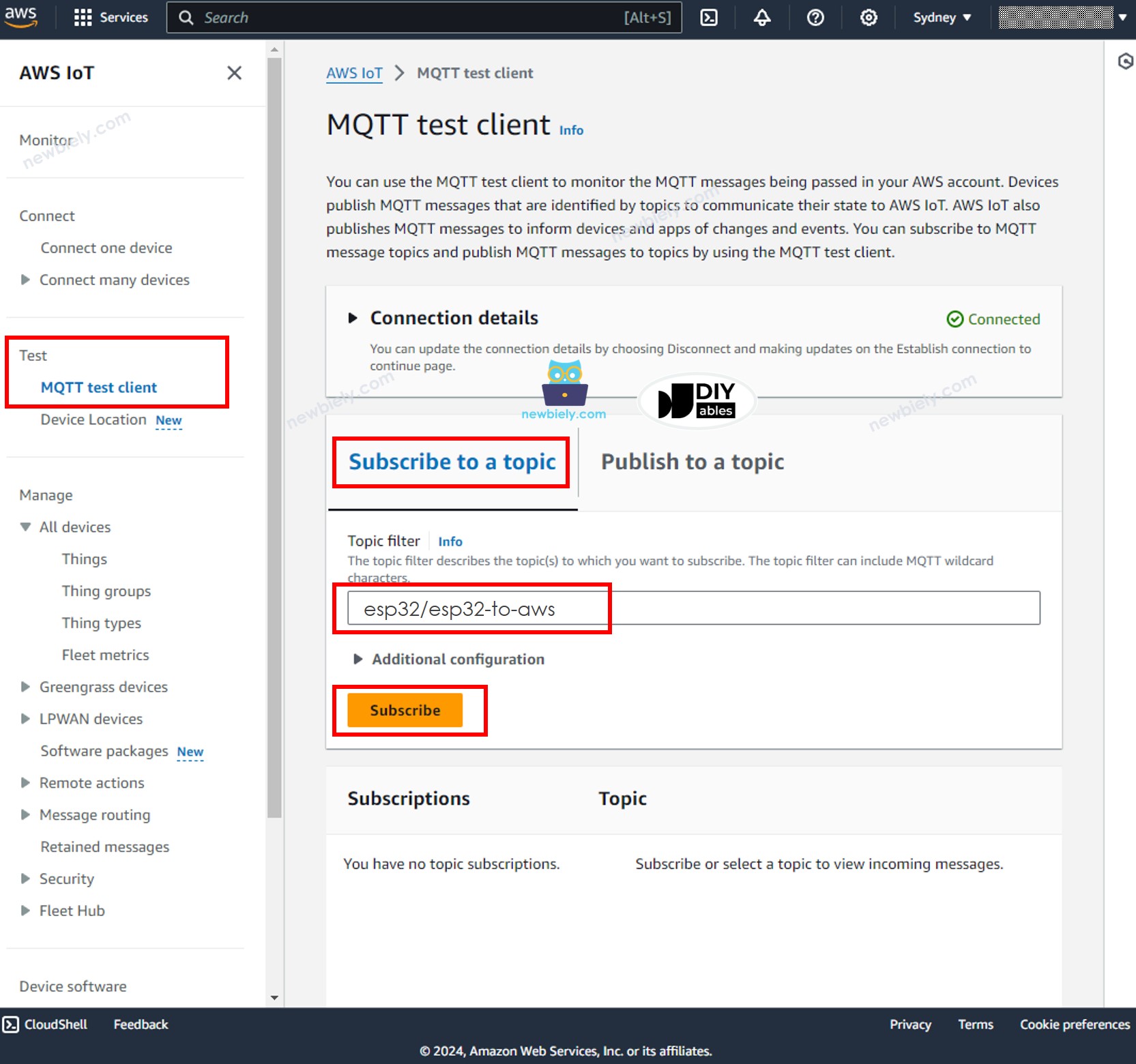 AWS IoT MQTT Test Client ESp32