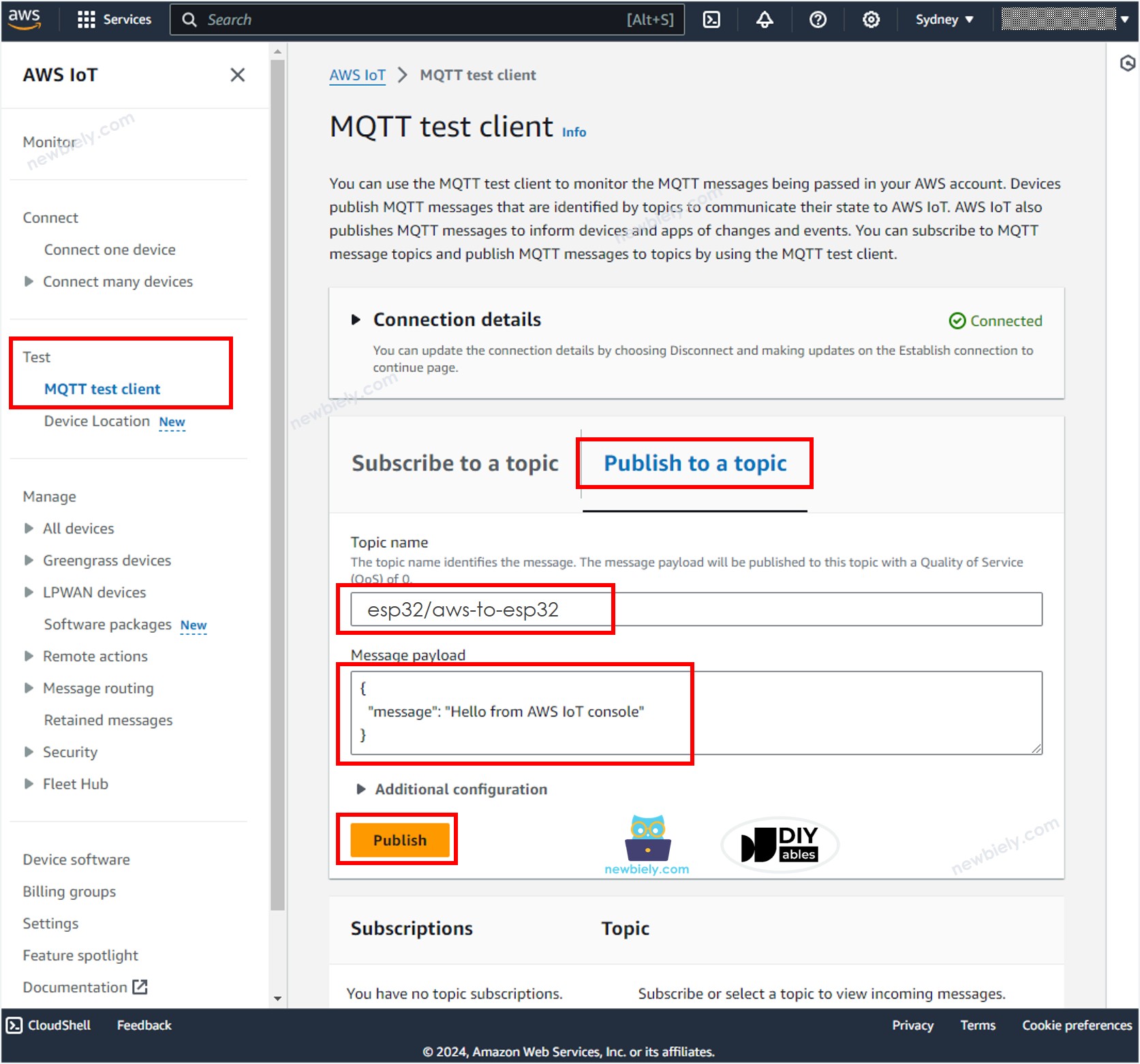 AWS IoT MQTT Test Client ESp32