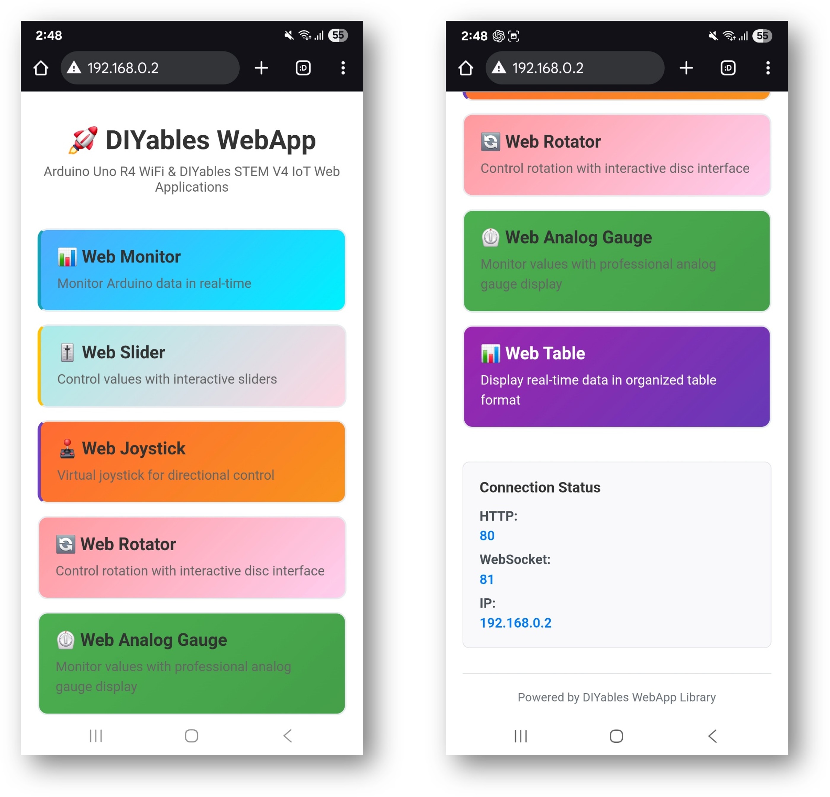 다수의 웹 앱이 포함된 ESP32 diyables 웹앱 홈 페이지