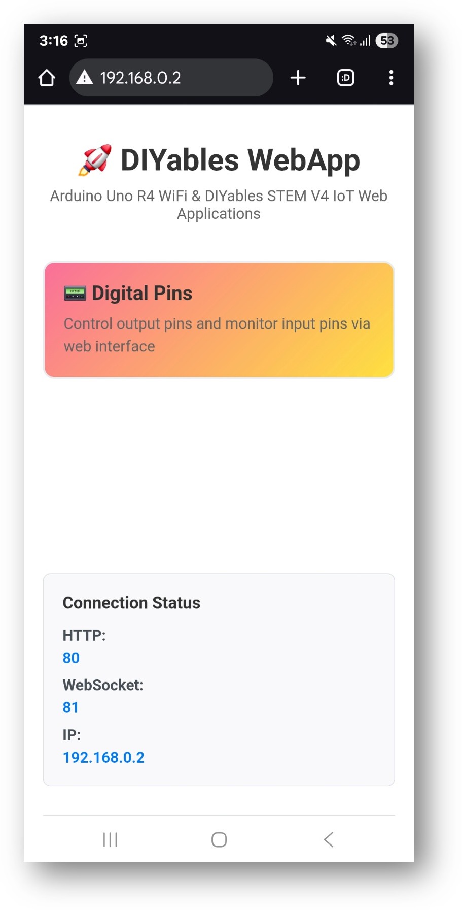 ESP32 diyables 웹앱 홈 페이지와 web digital pins 앱