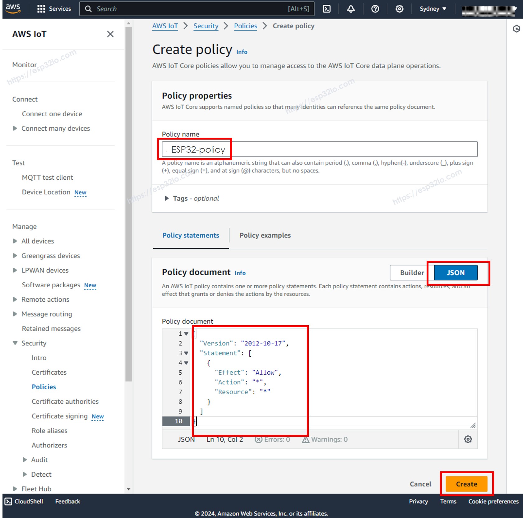 AWS IoT Core Create policy ESP32