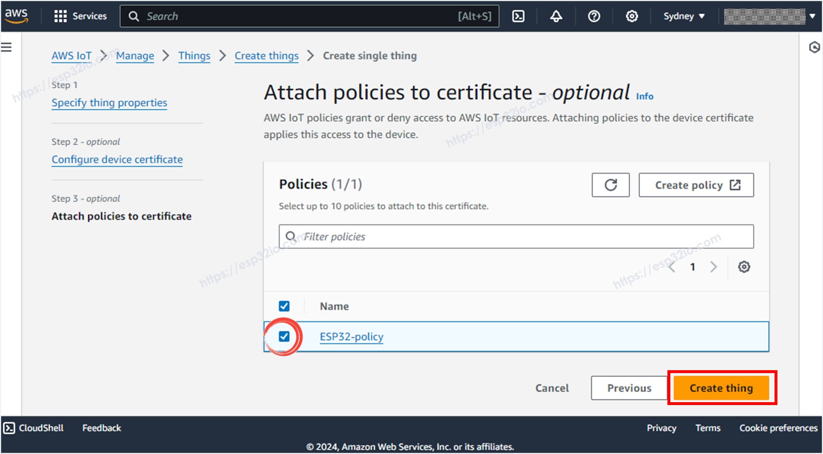 AWS IoT Core creates Thing ESP32