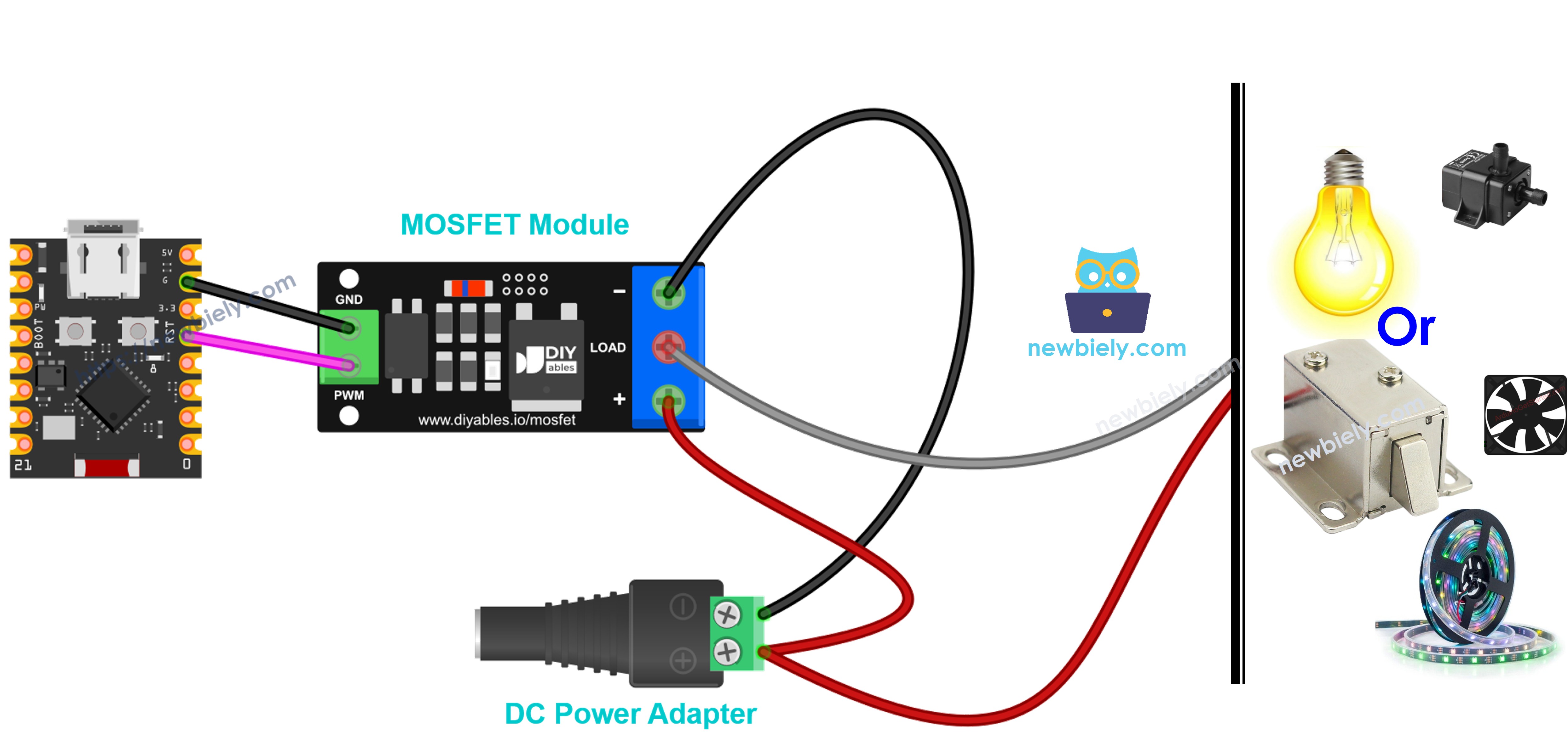 aod4184, lr7843 또는 fr120n mosfet 모듈을 사용한 ESP32 C3 Super Mini 배선 다이어그램