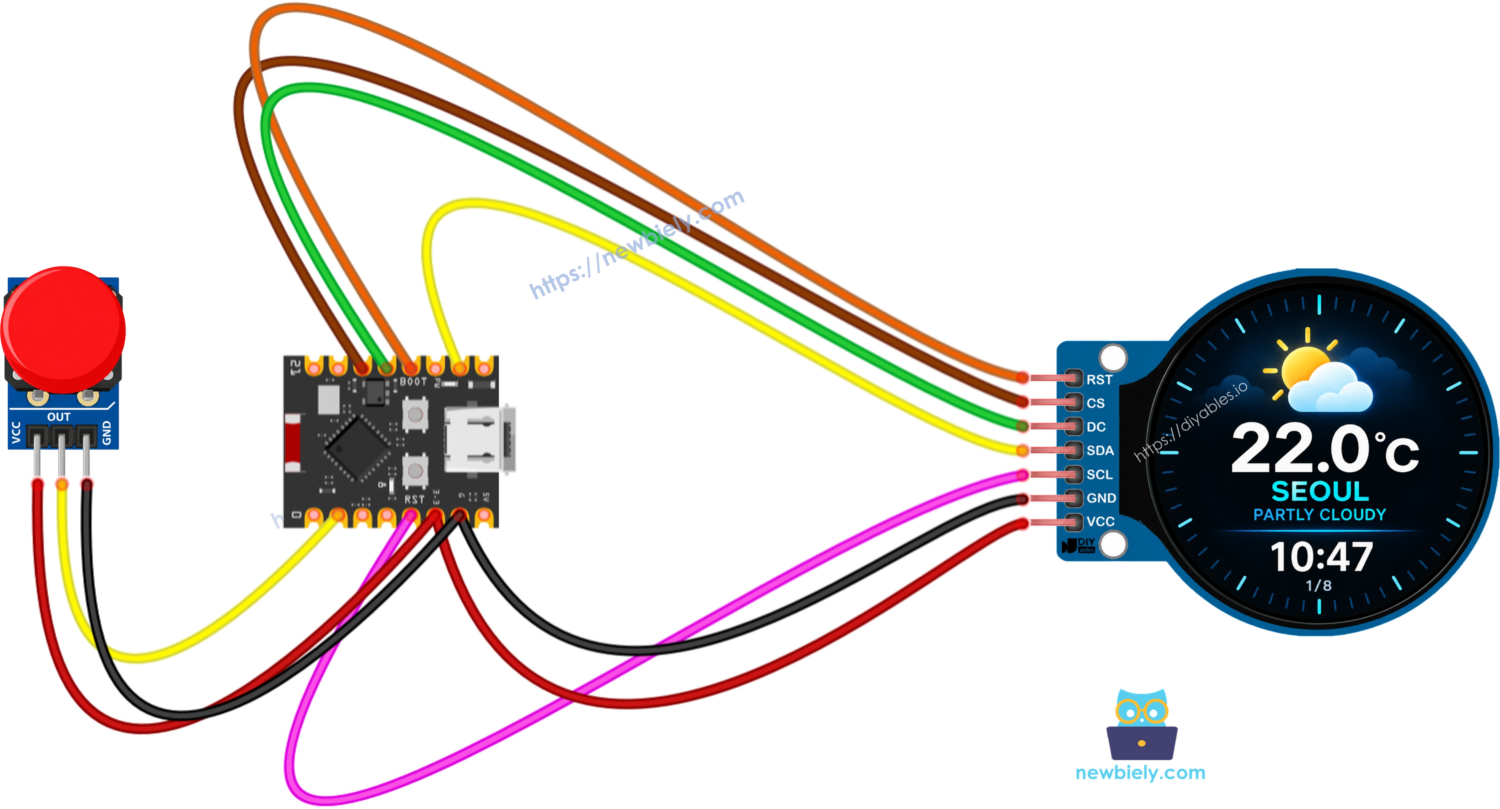 버튼 모듈을 사용한 ESP32 C3 Super Mini 스마트 기상 관측소 배선 다이어그램
