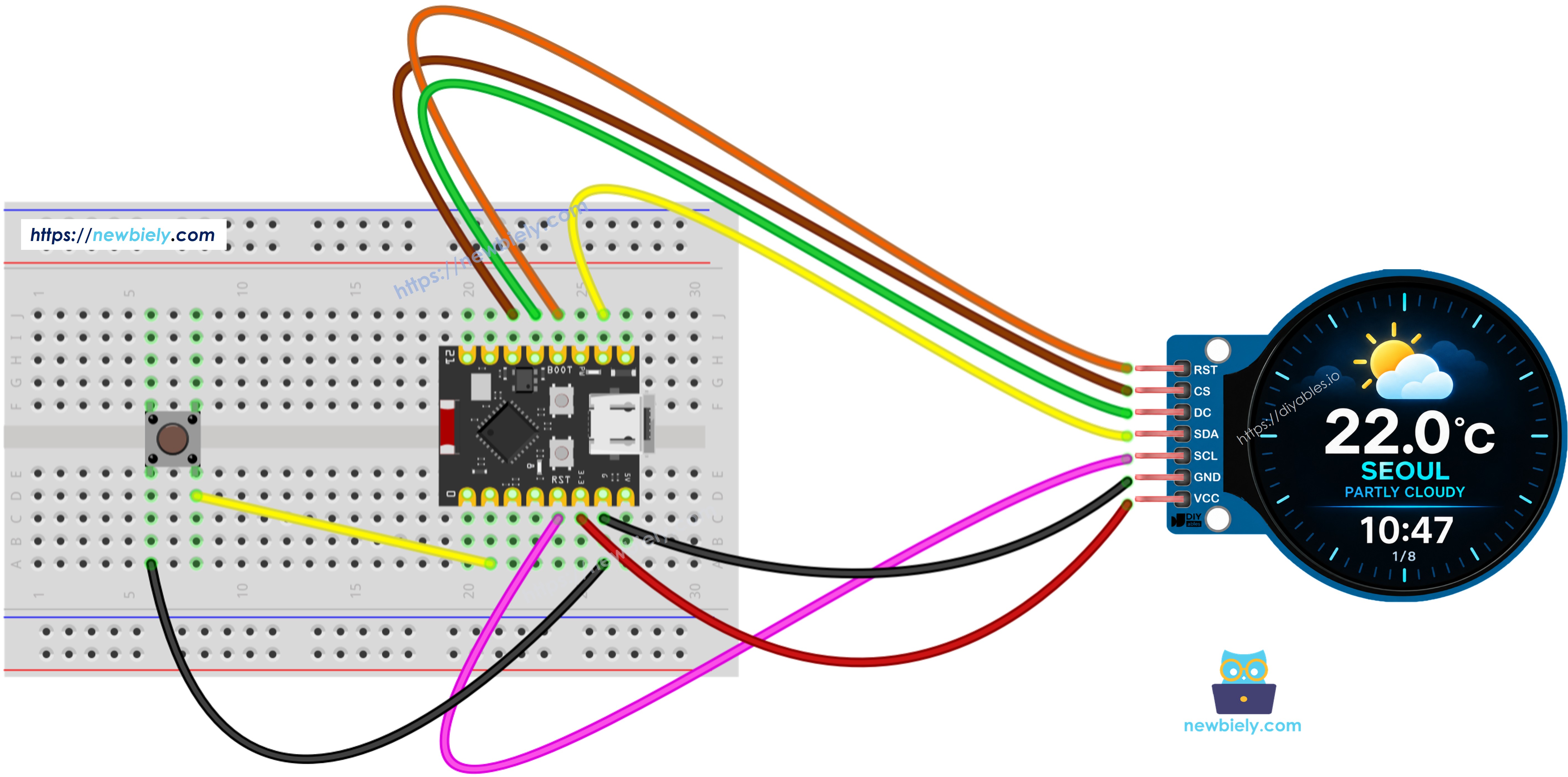 푸시 버튼을 사용한 ESP32 C3 Super Mini 스마트 기상 관측소 배선 다이어그램