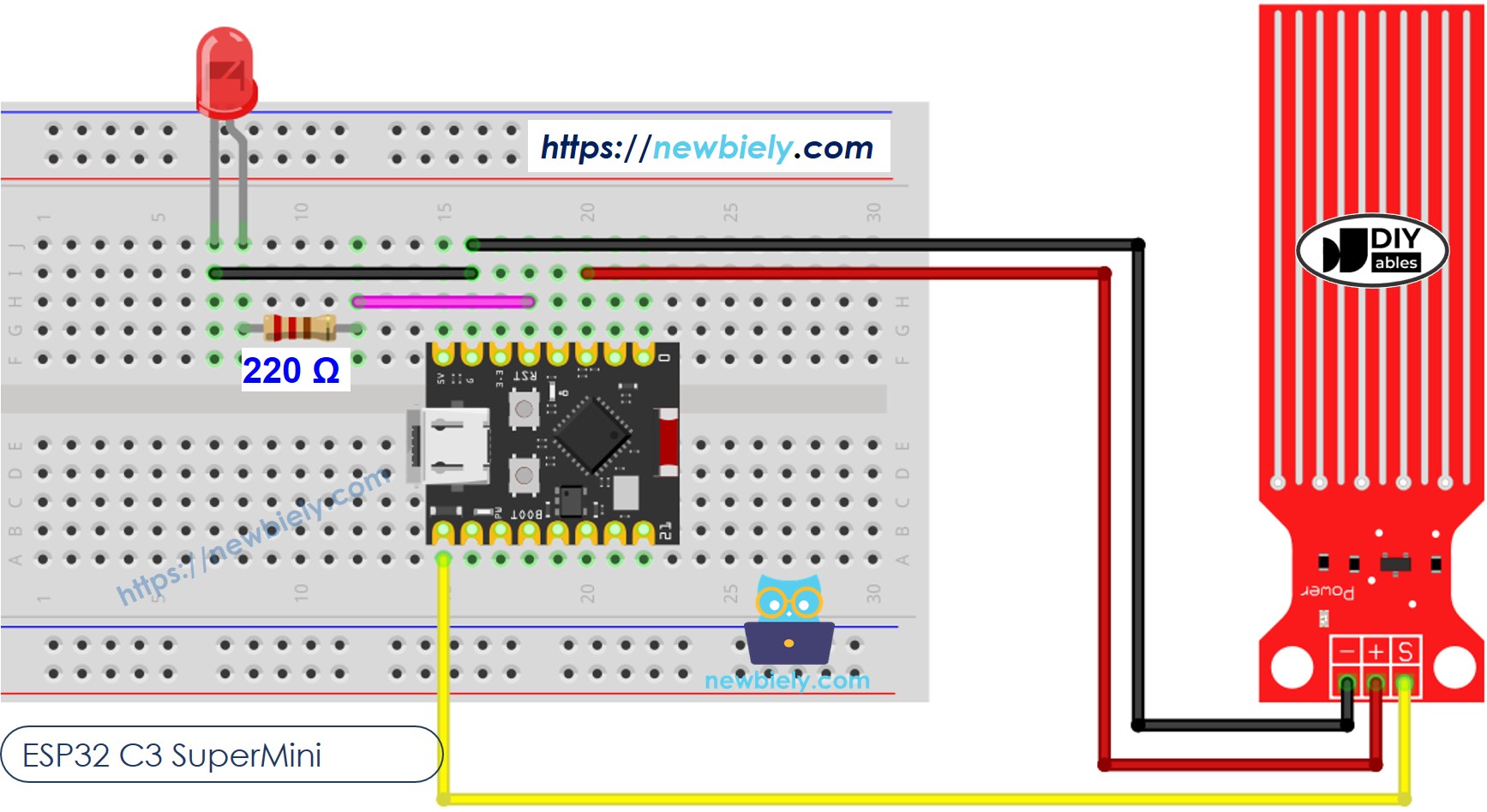 ESP32 C3 Super Mini water sensor LED 연결 배선도
