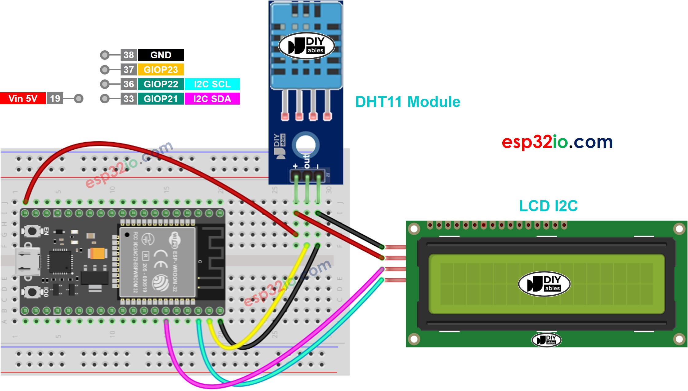 ESP32 DHT11 sensor LCD Wiring Diagram