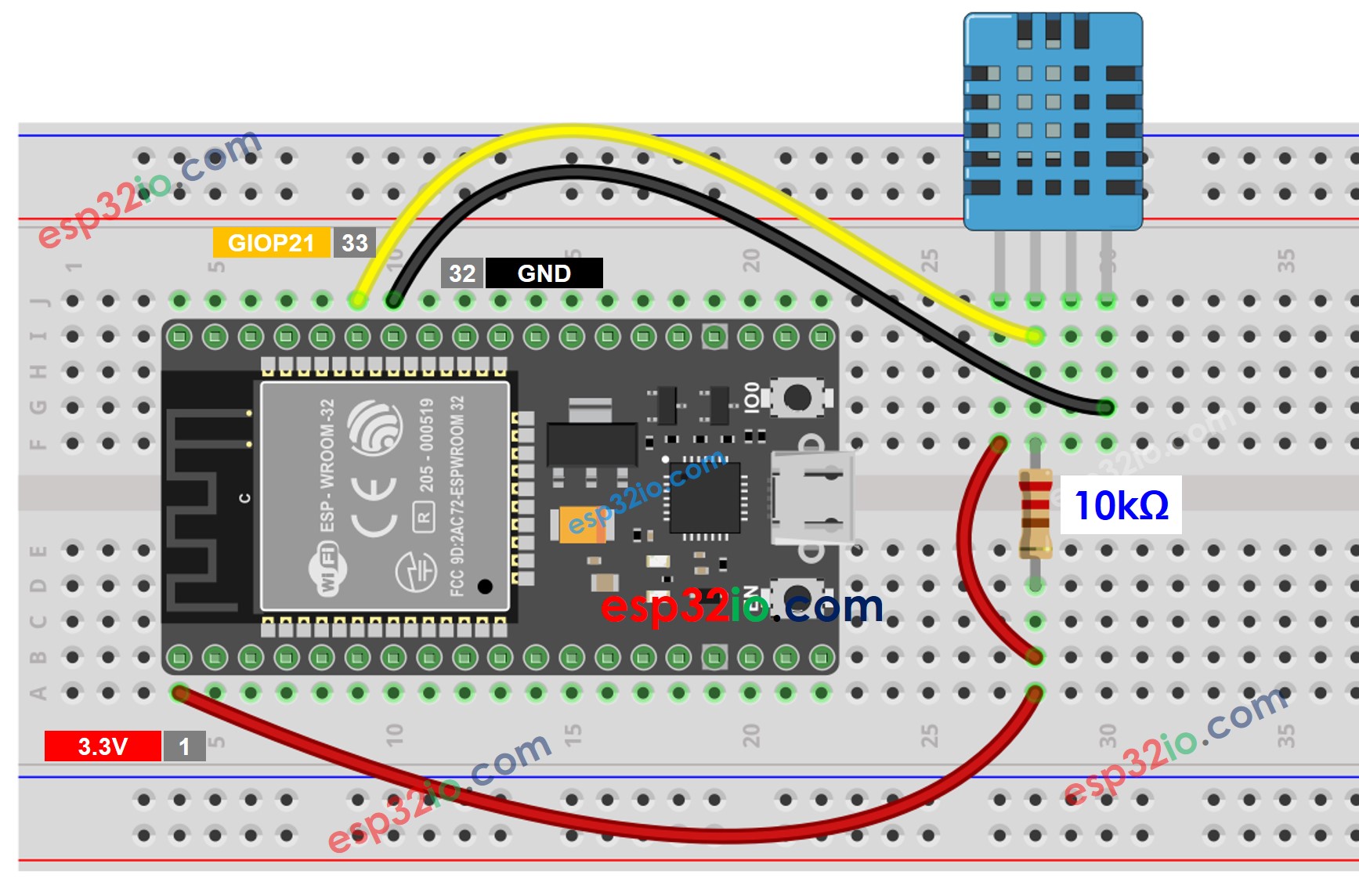 ESP32 DHT11 Temperature and humidity Sensor Wiring Diagram