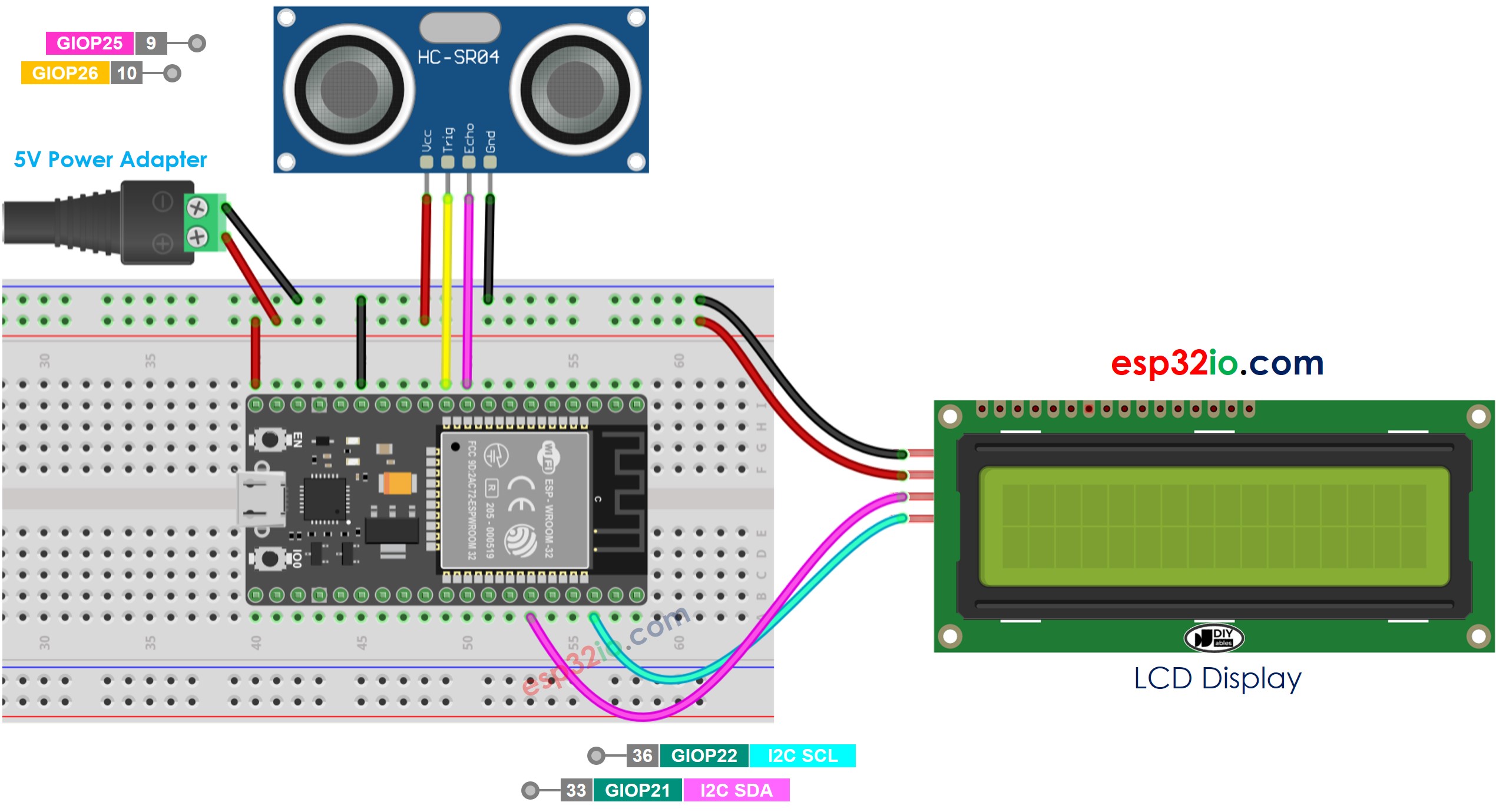 ESP32 Ultrasonic Sensor LCD Wiring Diagram