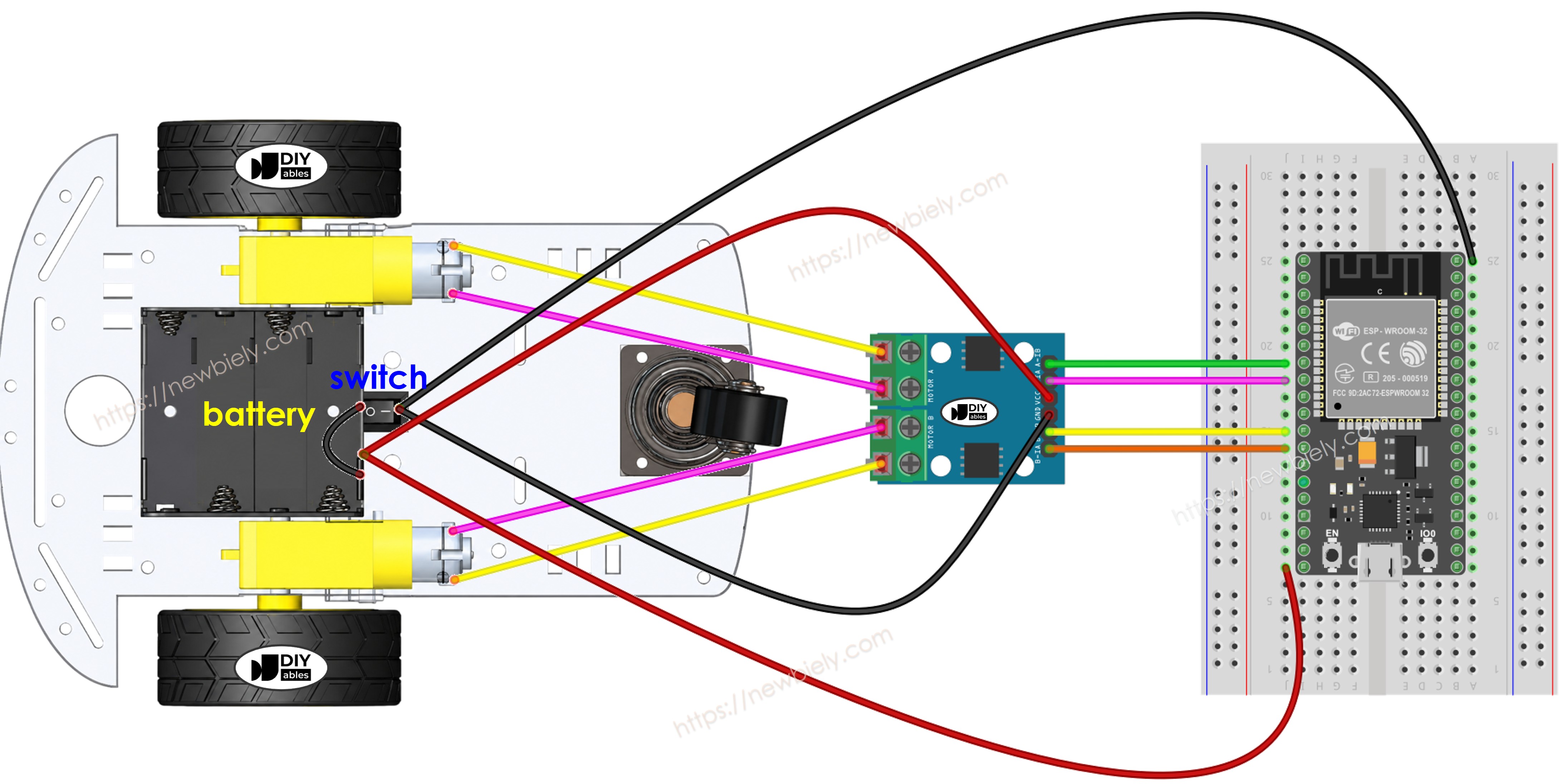 브레드보드에서의 ESP32 2wd rc 자동차 배선도