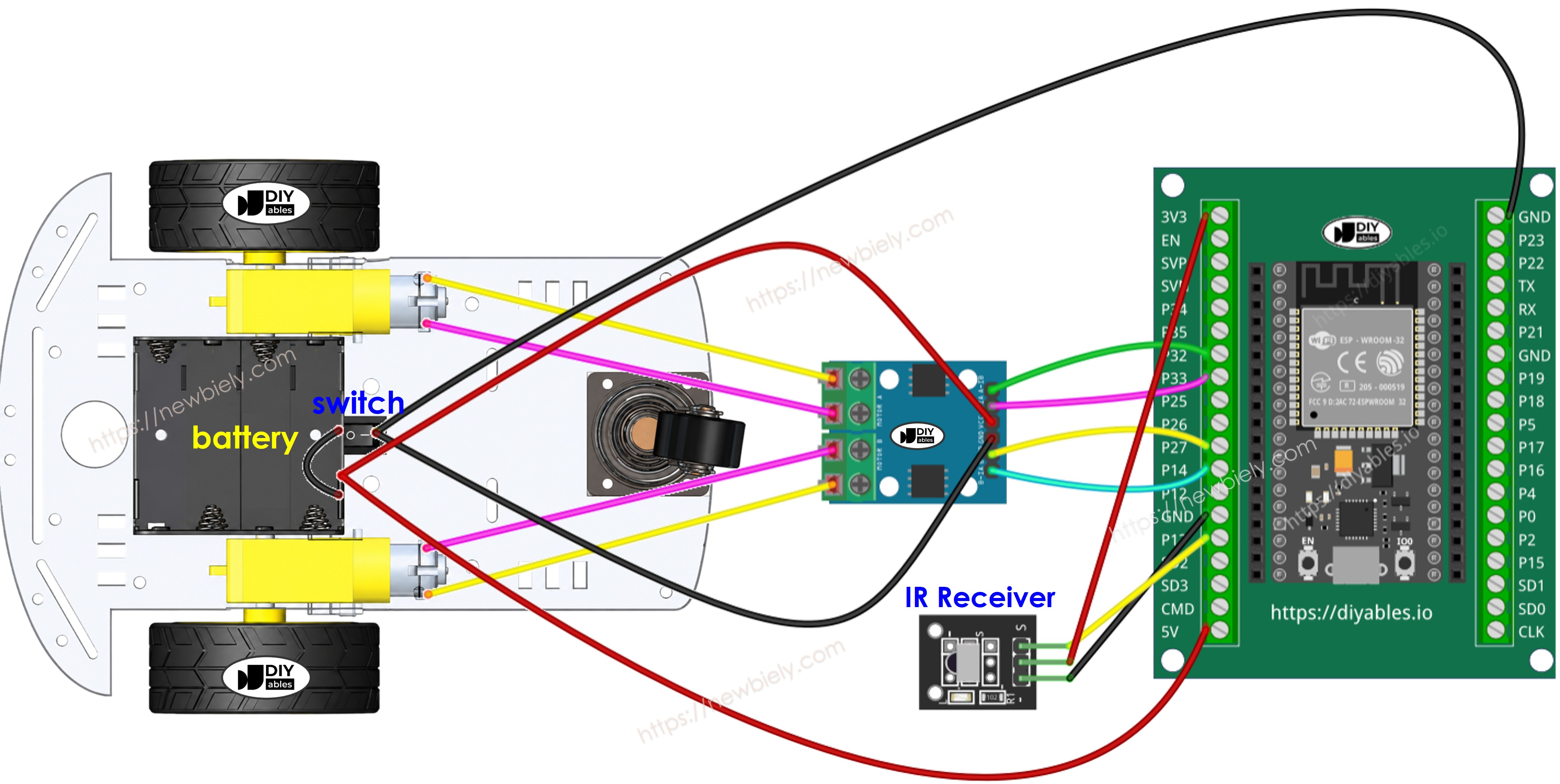 스크류 터미널 블록을 사용한 ESP32 2wd 로봇 자동차 배선도