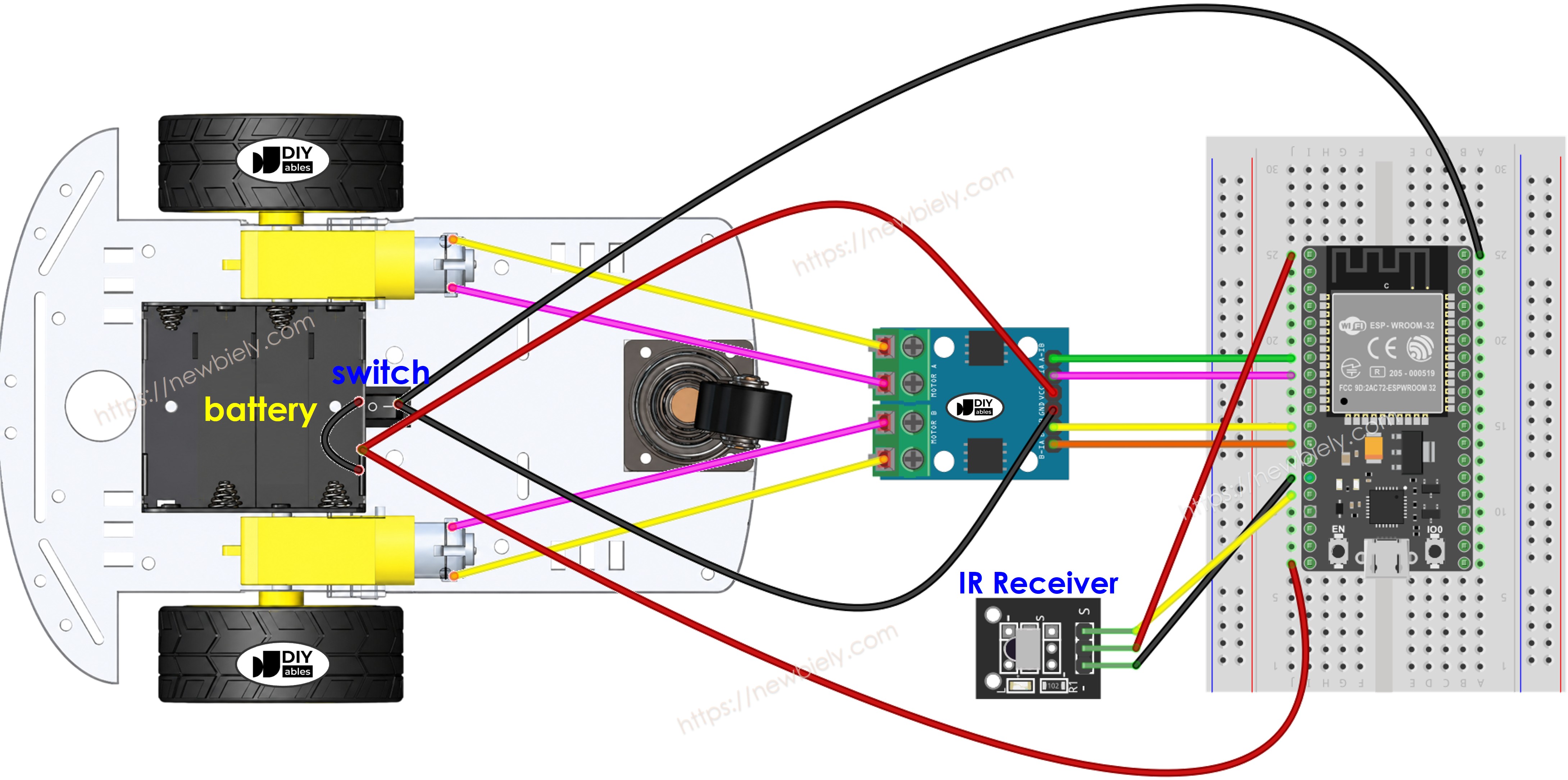 브레드보드에서의 ESP32 2wd 로봇 자동차 배선도