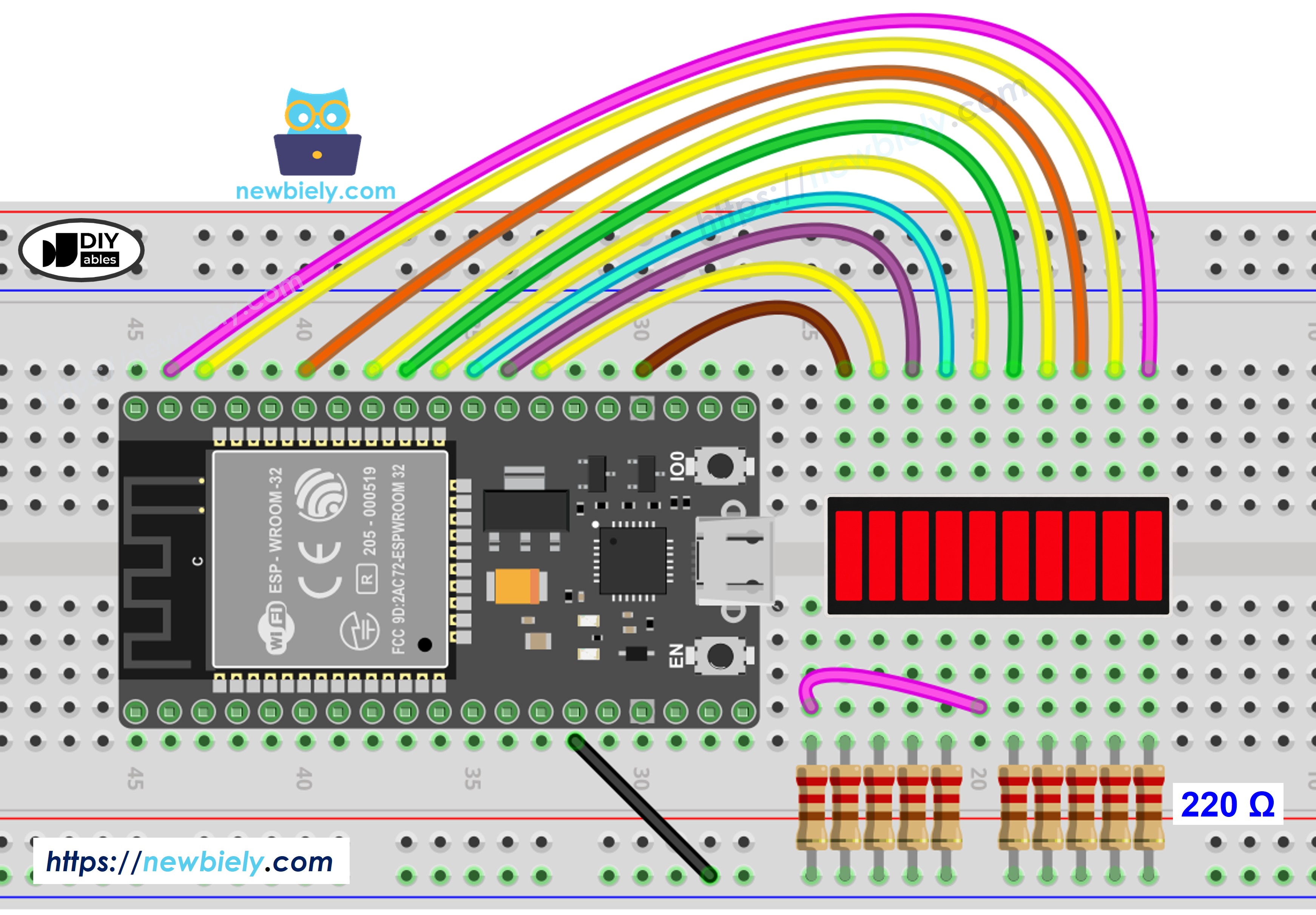 ESP32 LED 바 그래프 배선도 - 브레드보드