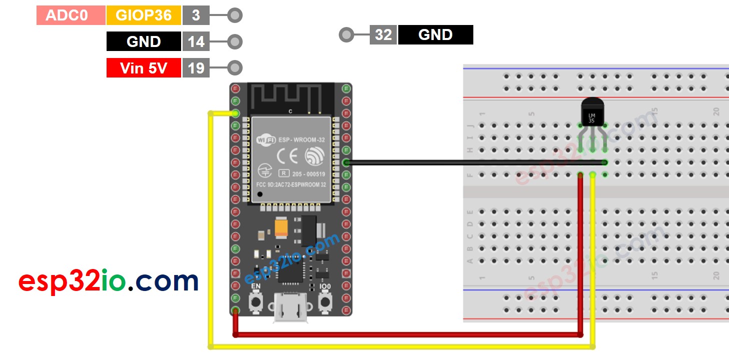 ESP32 LM35 temperature sensor Wiring Diagram