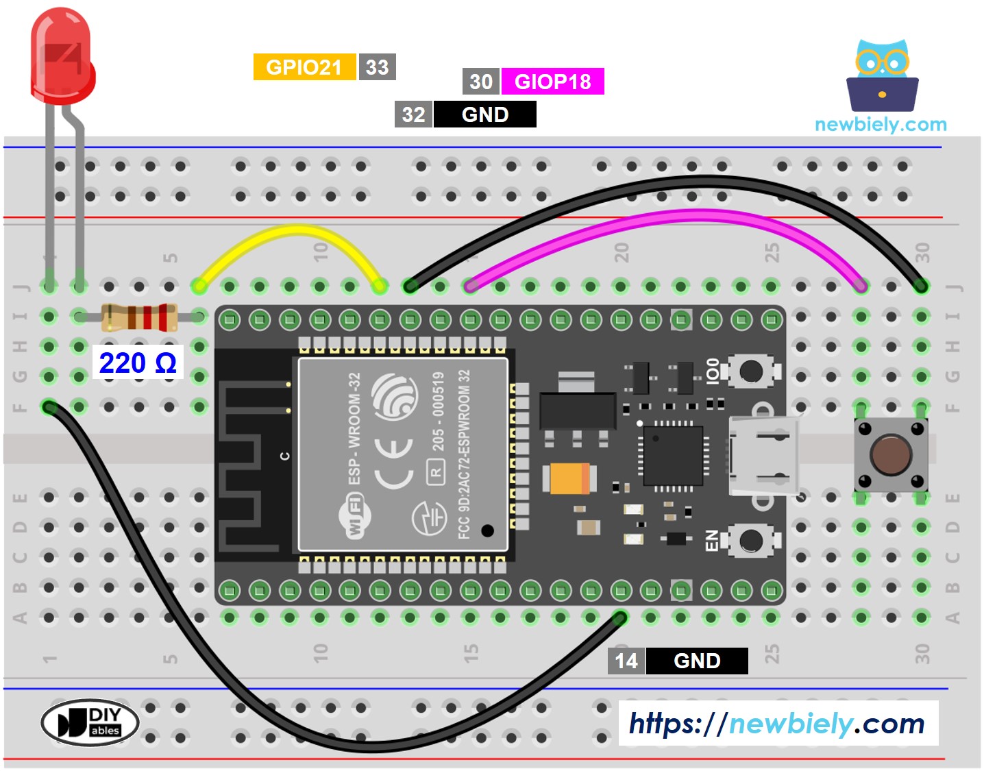 ESP32 마이크로파이썬 버튼 LED 배선도