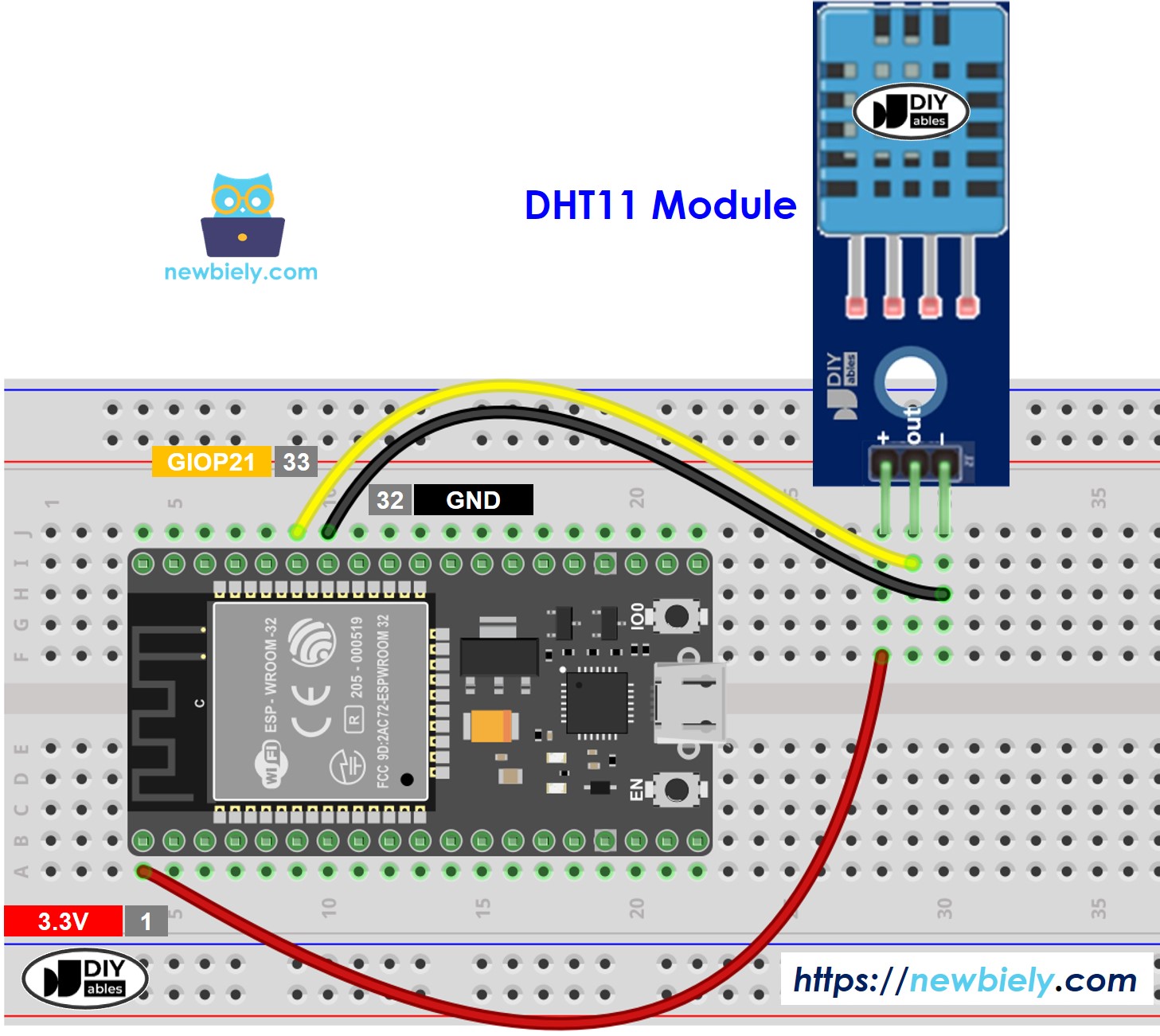 ESP32 마이크로파이썬 dht11 온도 및 습도 모듈 배선도