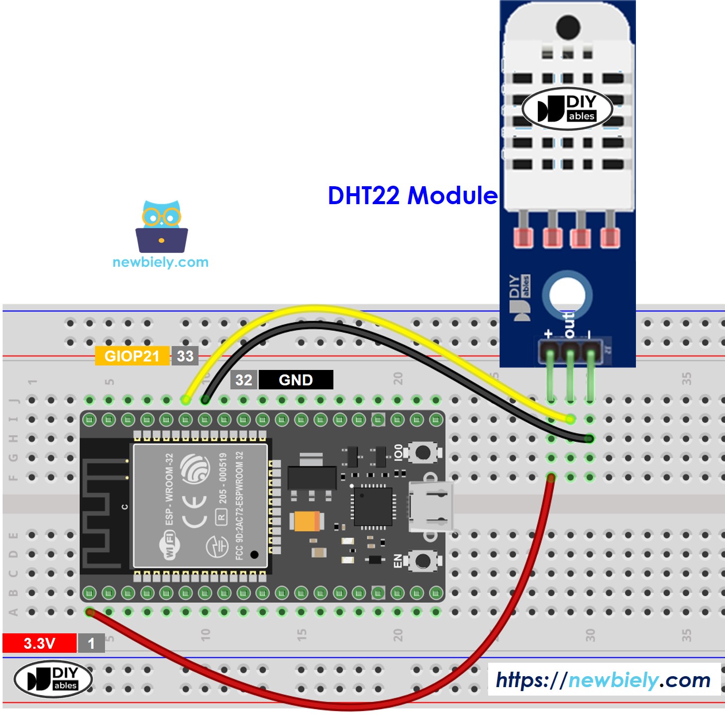 ESP32 마이크로파이썬 dht22 온도 및 습도 모듈 배선 다이어그램