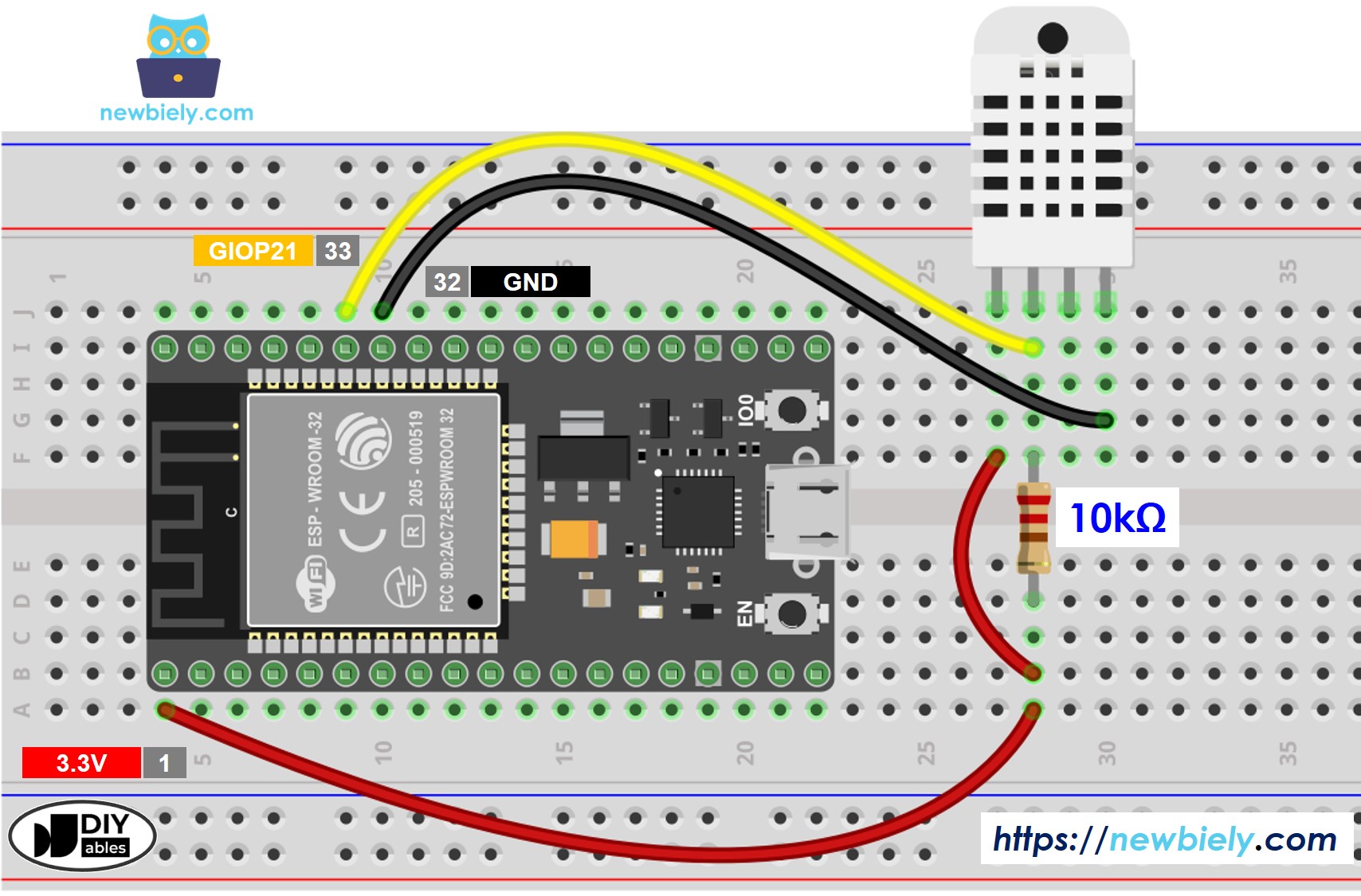 ESP32 마이크로파이썬 dht22 온도 및 습도 센서 배선도