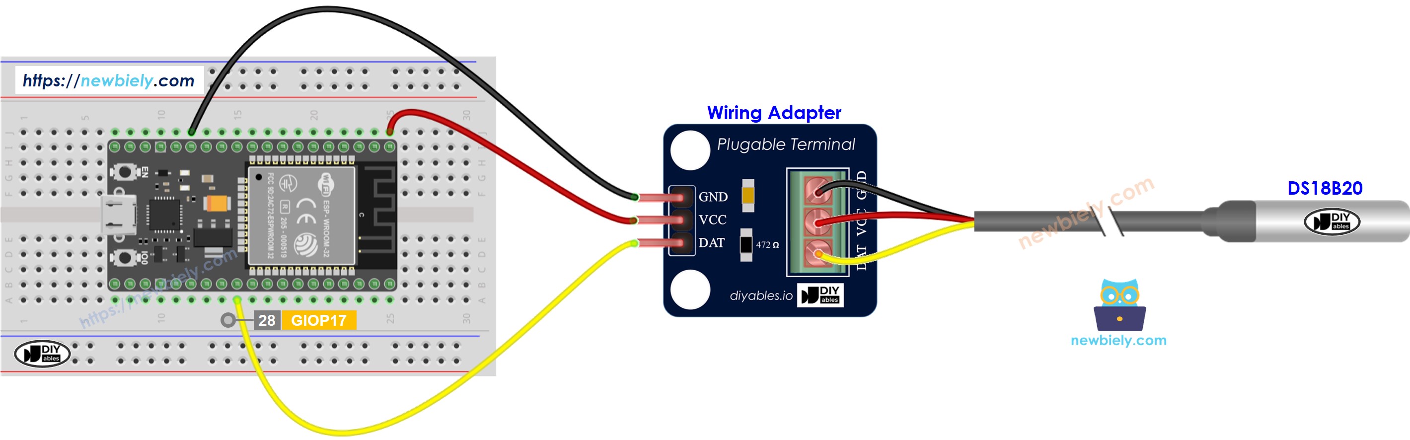 ESP32 마이크로파이썬 ds18b20 배선 다이어그램