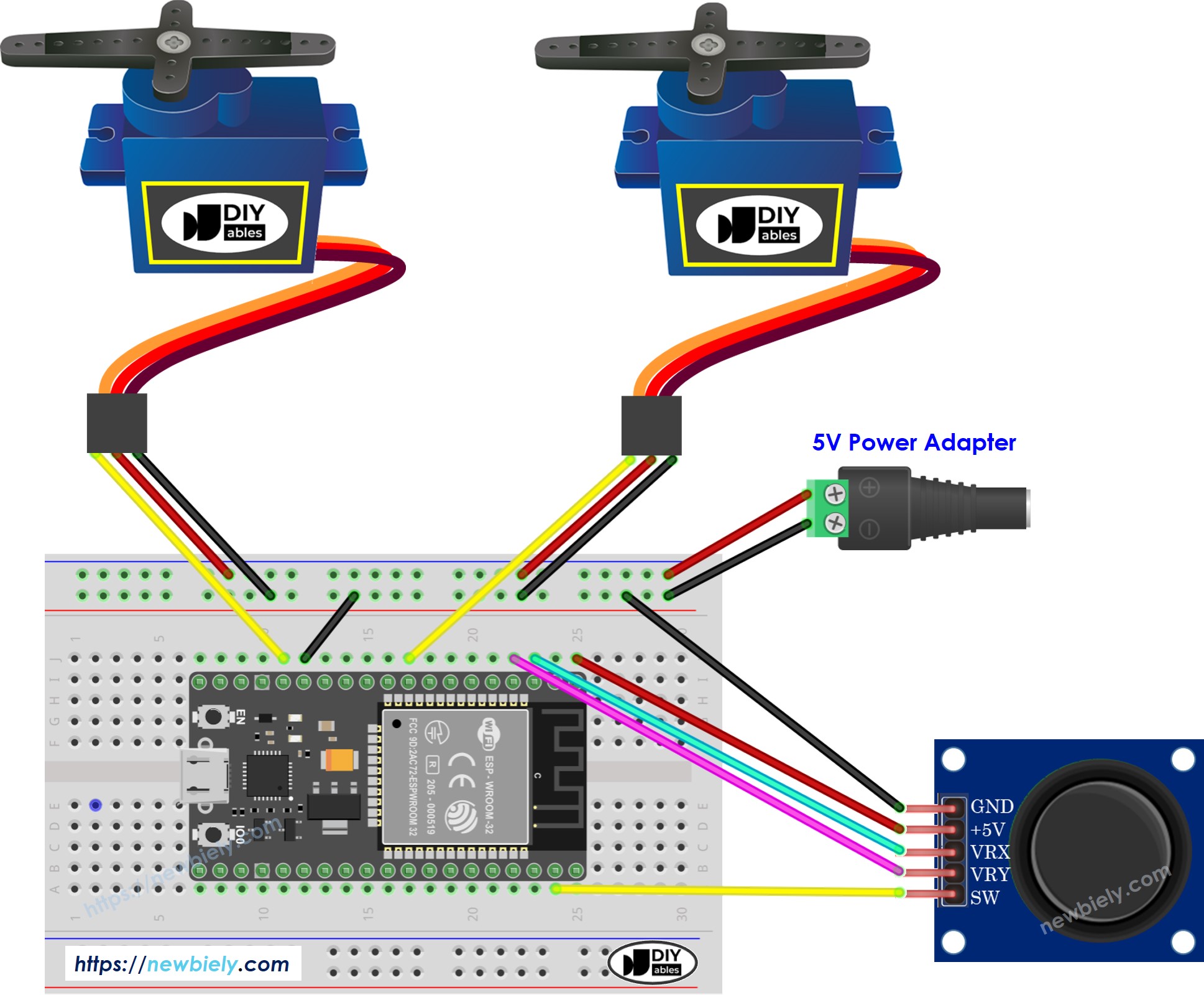 ESP32 마이크로파이썬 조이스틱 서보 모터 배선도