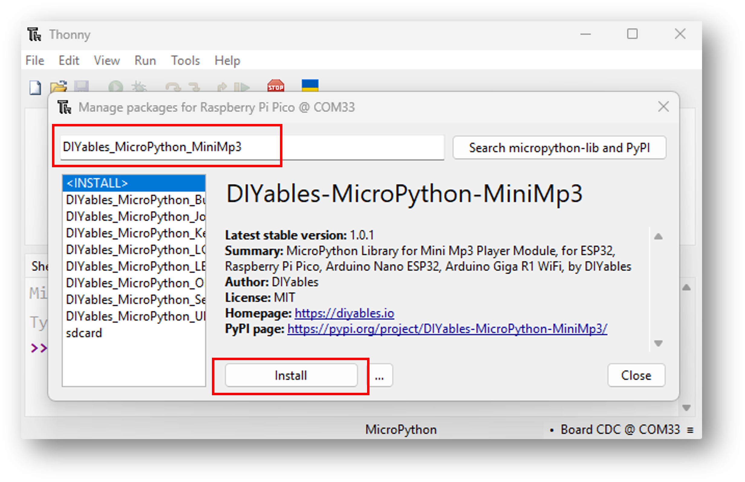 ESP32 마이크로파이썬 미니 mp3 플레이어 라이브러리