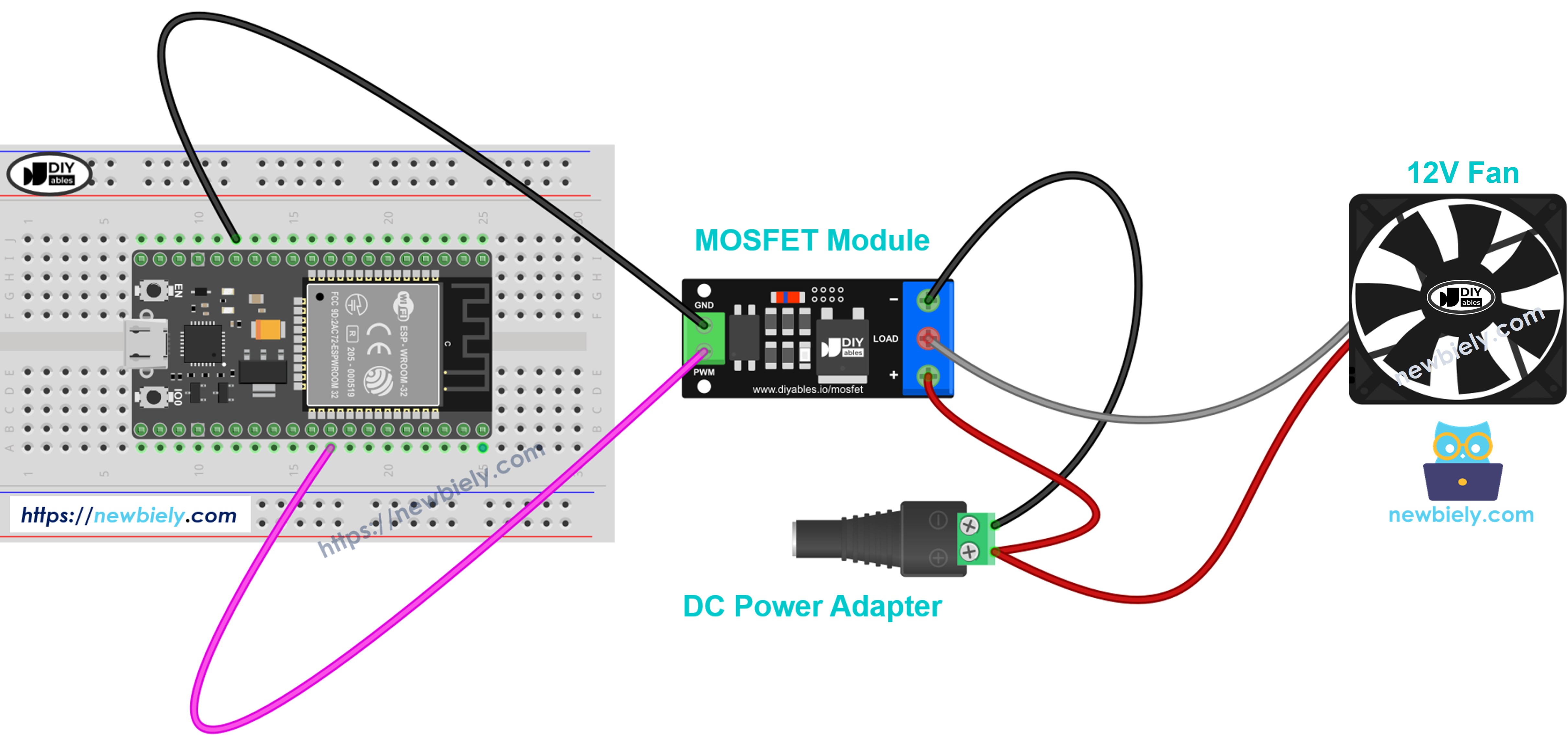12v 쿨링 팬과 mosfet 모듈 다이어그램