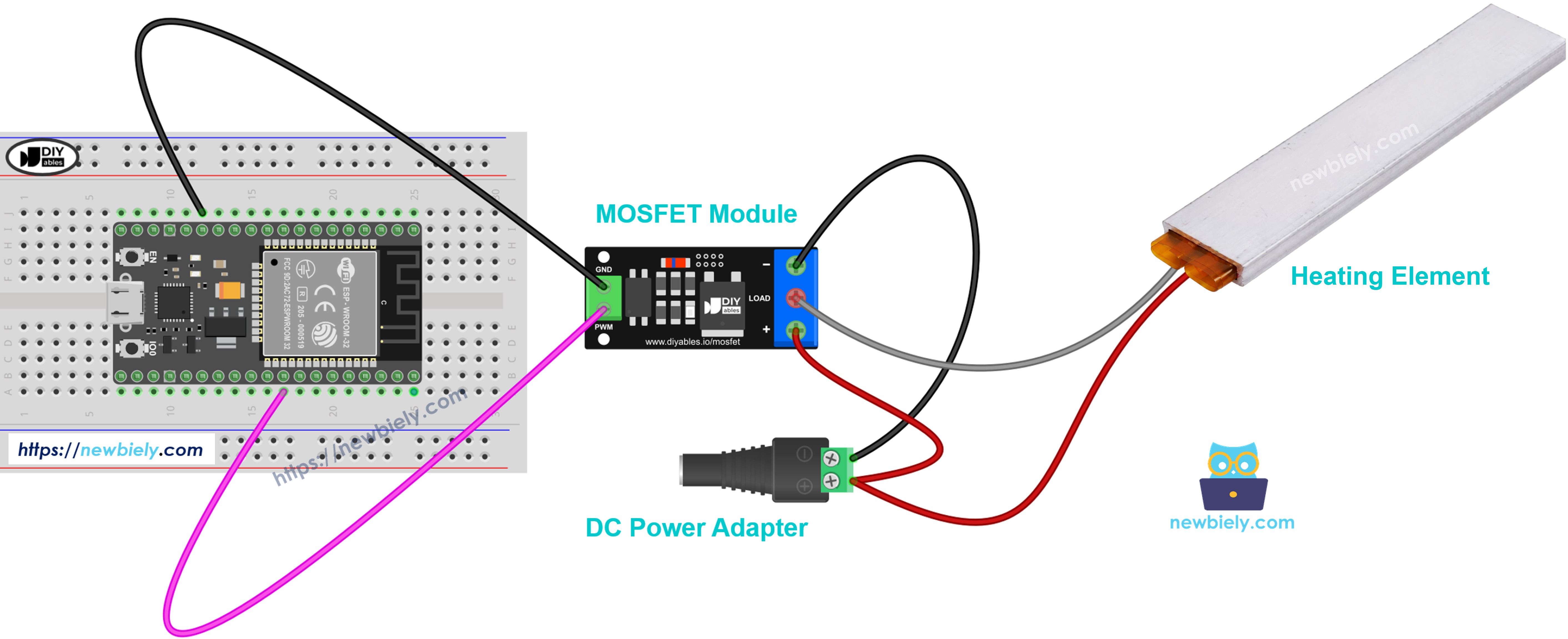 ESP32 마이크로파이썬 히팅 요소 및 mosfet 모듈 배선도