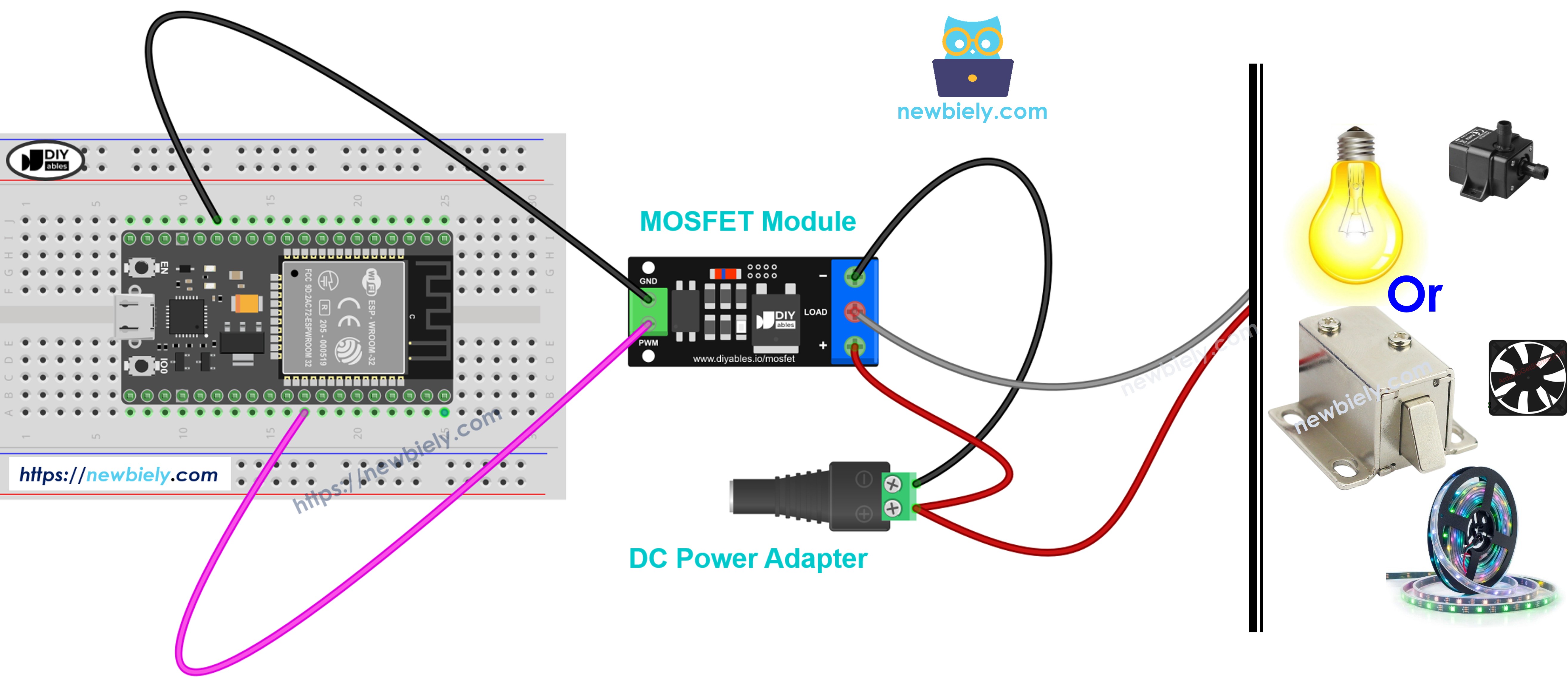 aod4184, lr7843 또는 fr120n mosfet 모듈을 사용한 ESP32 마이크로파이썬 배선도