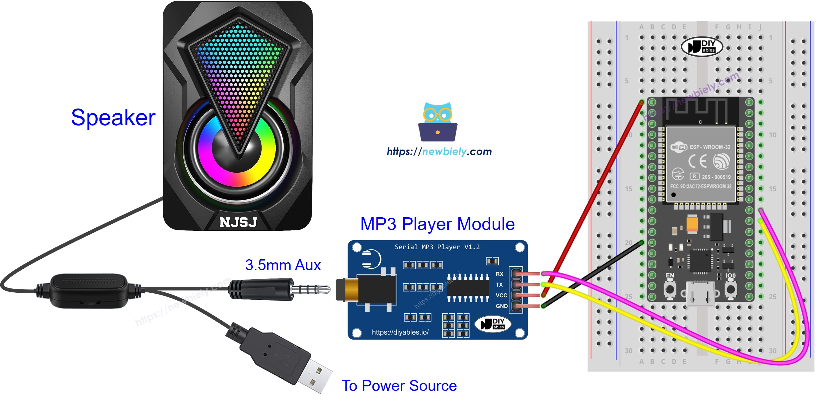 ESP32 마이크로파이썬 mp3 플레이어 모듈 배선도