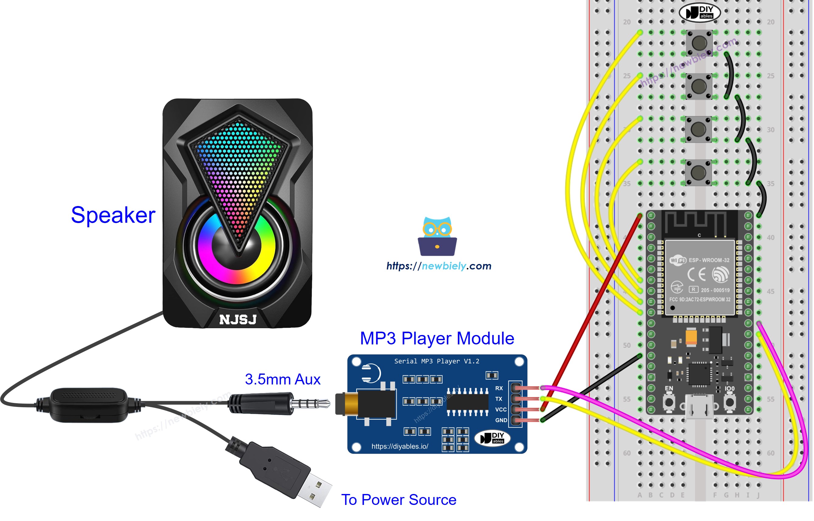 ESP32 마이크로파이썬 mp3 플레이어 스피커 배선도