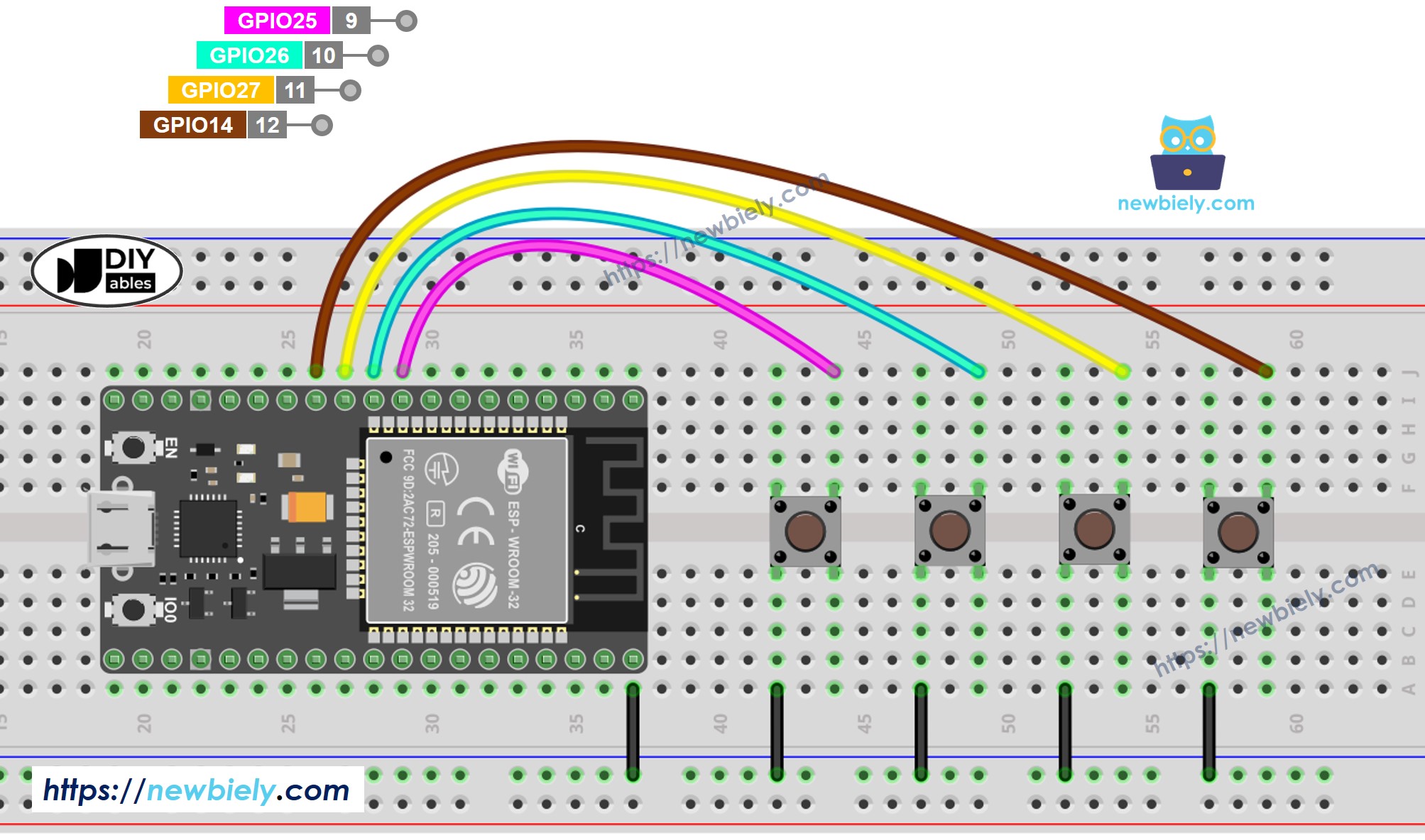 ESP32 마이크로파이썬 4 버튼 배선 다이어그램