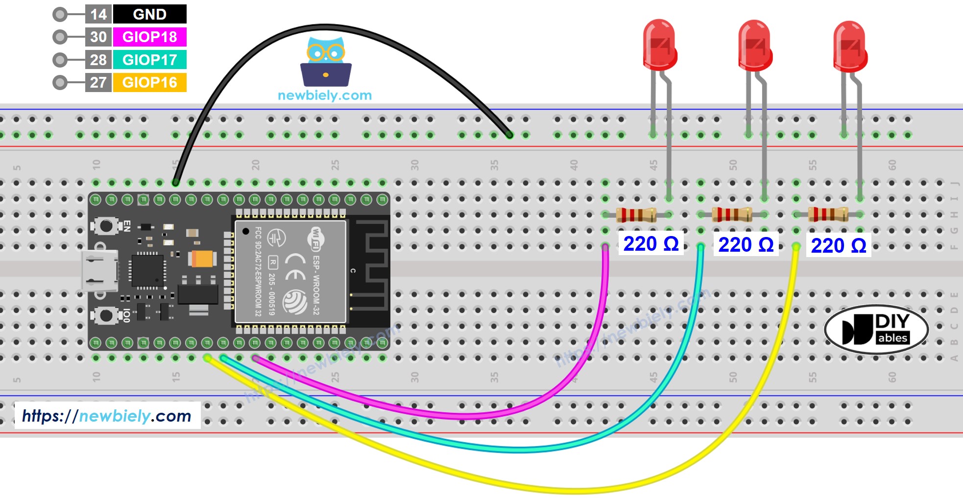 ESP32 마이크로파이썬 다중 LED 배선도