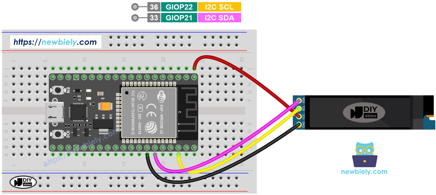 ESP32 마이크로파이썬 oLED 128x32 배선도