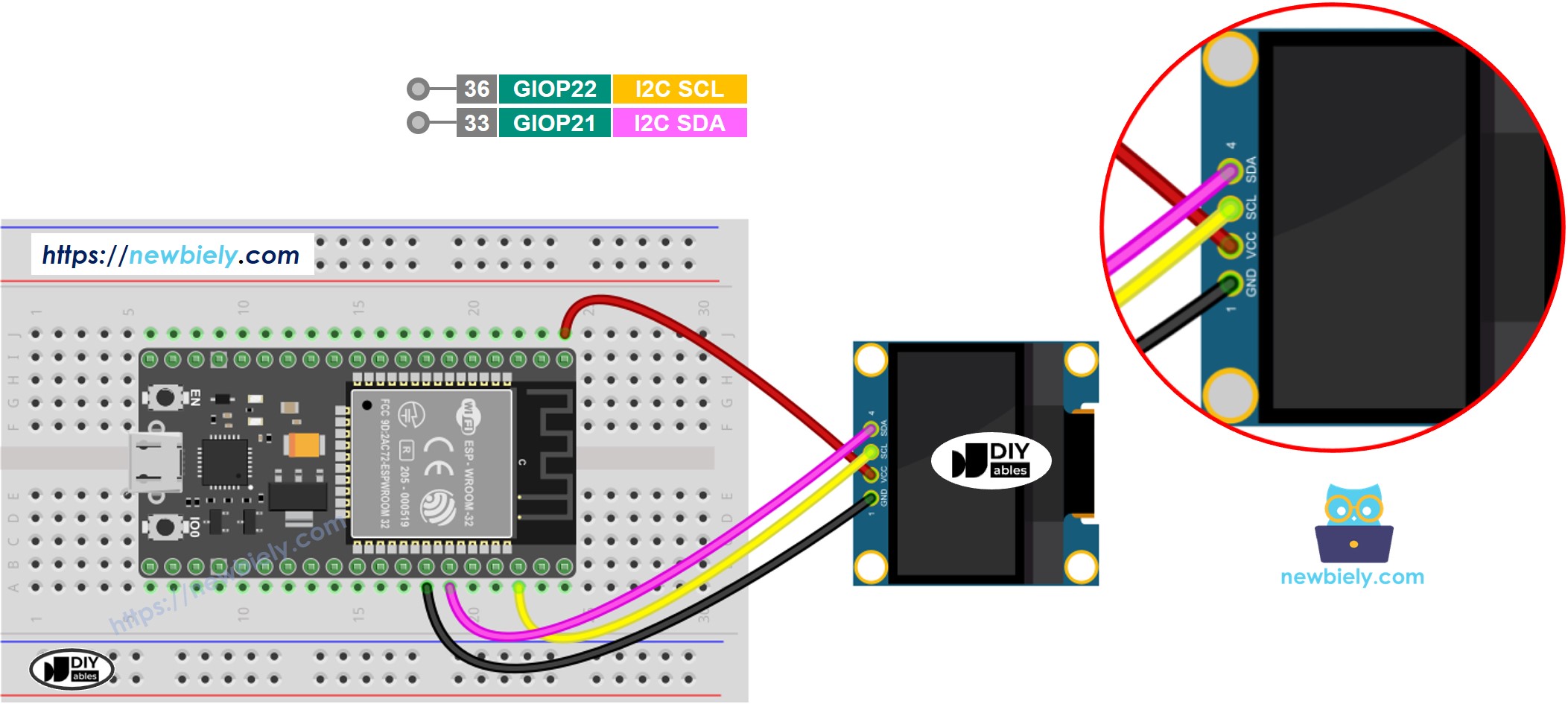 ESP32 마이크로파이썬 oLED 128x64 배선도